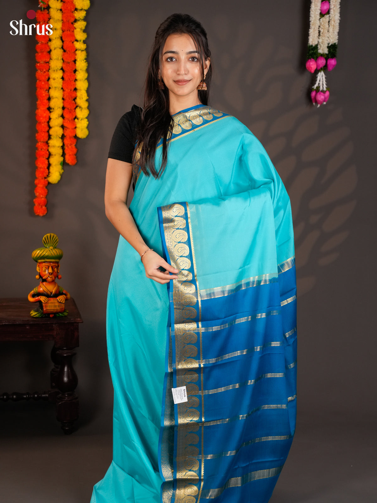 Celestial Sky Blue & Blue Mysore Silk Saree with traditional zari border -EAS09208