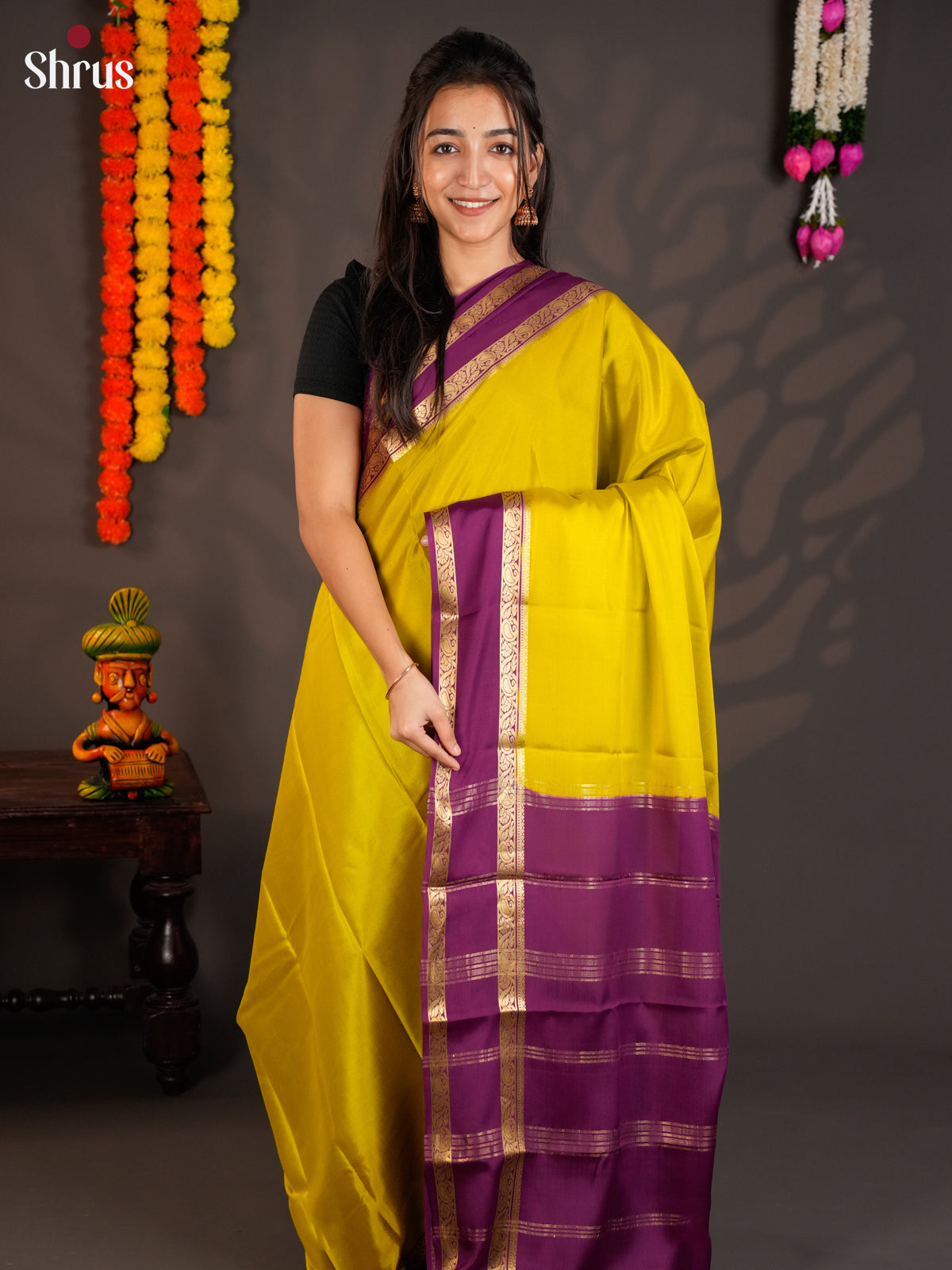 Luminous Yellow & Purple  Mysore Silk Saree with rettaipet border - EAS09215