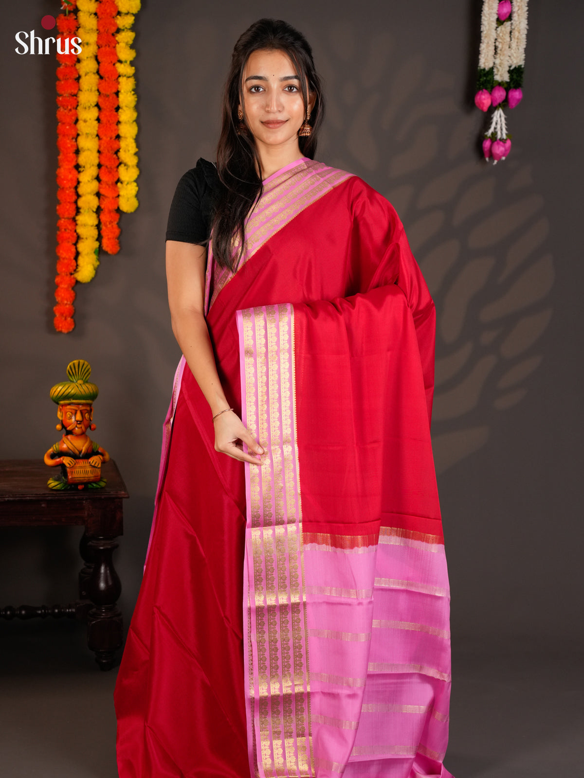 Beautiful Red & Pink Mysore Silk Saree with zari striped border -EAS09216