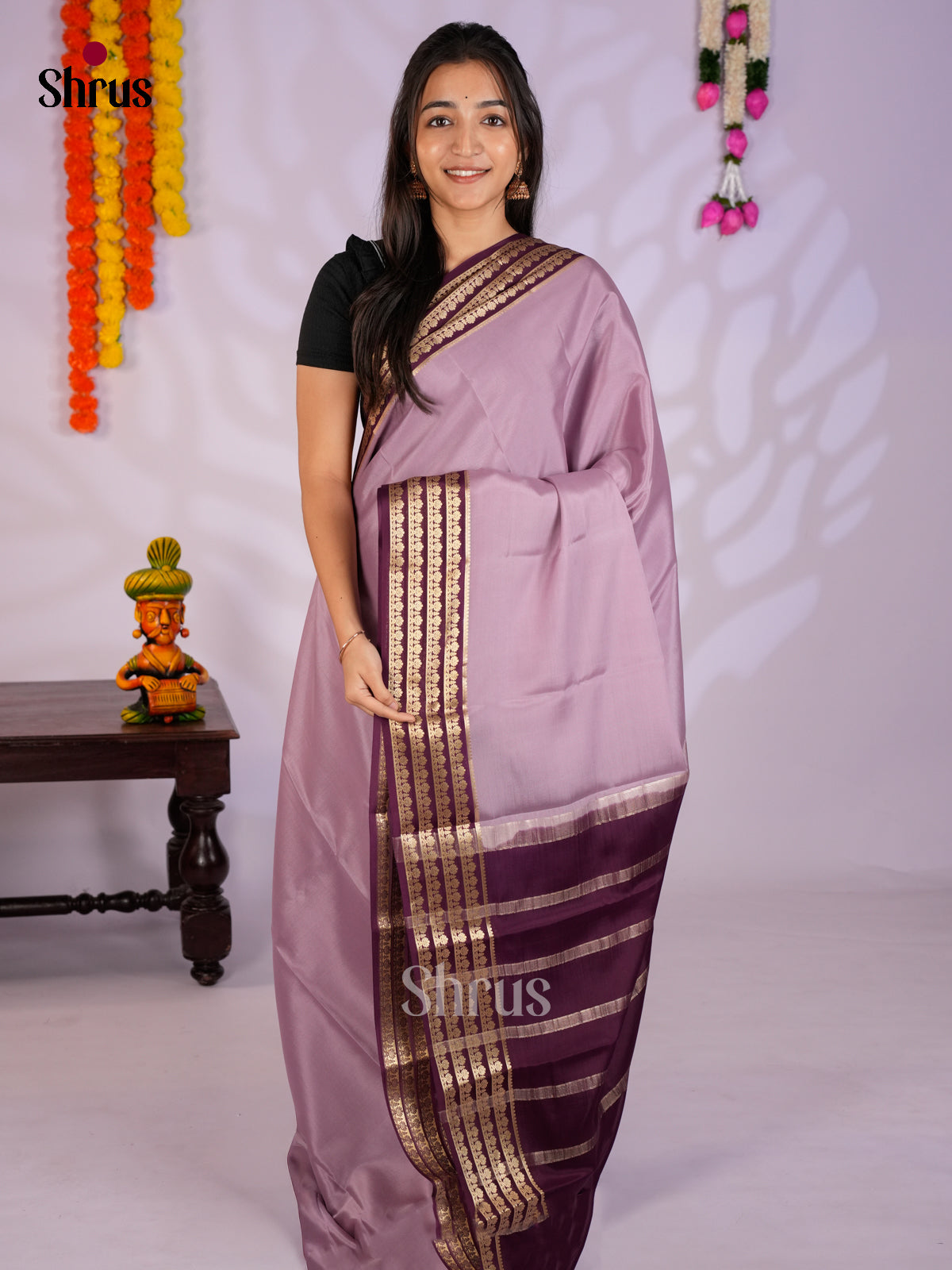 Elegant Mauve & Purple Mysore Silk Saree with  contrast zari striped border -EAS09224