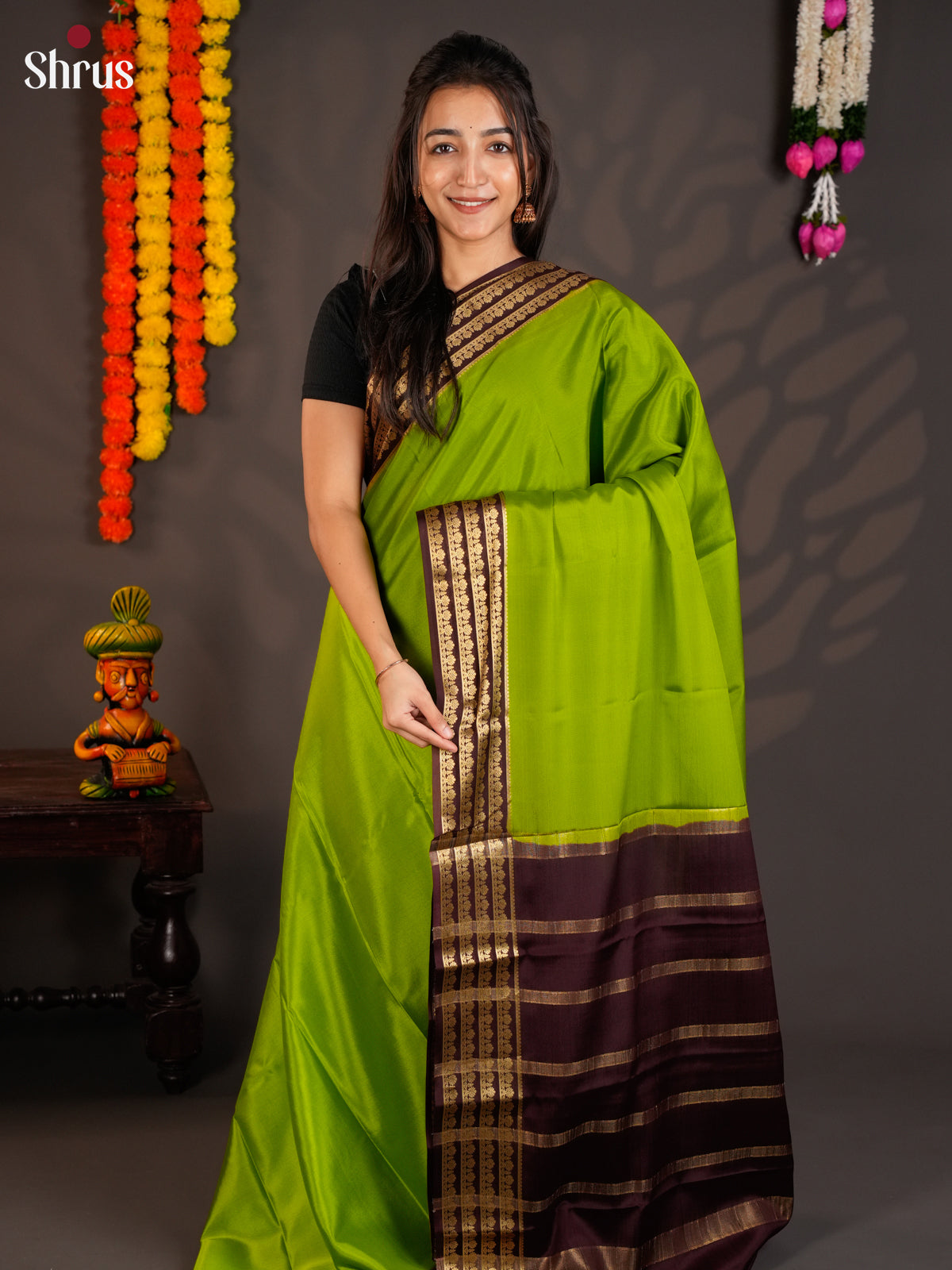 Beautiful Light Green & Brown Mysore Silk Saree with gold zari striped border - EAS09225