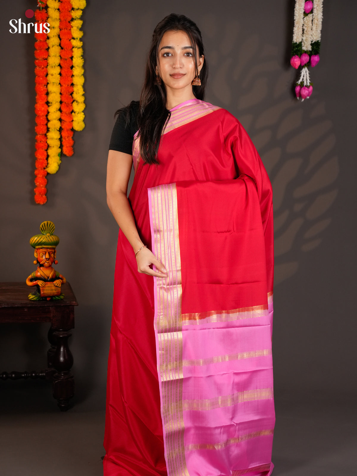 Elegant Red Mysore Silk Saree with contrast Pink zari striped border - EAS09232