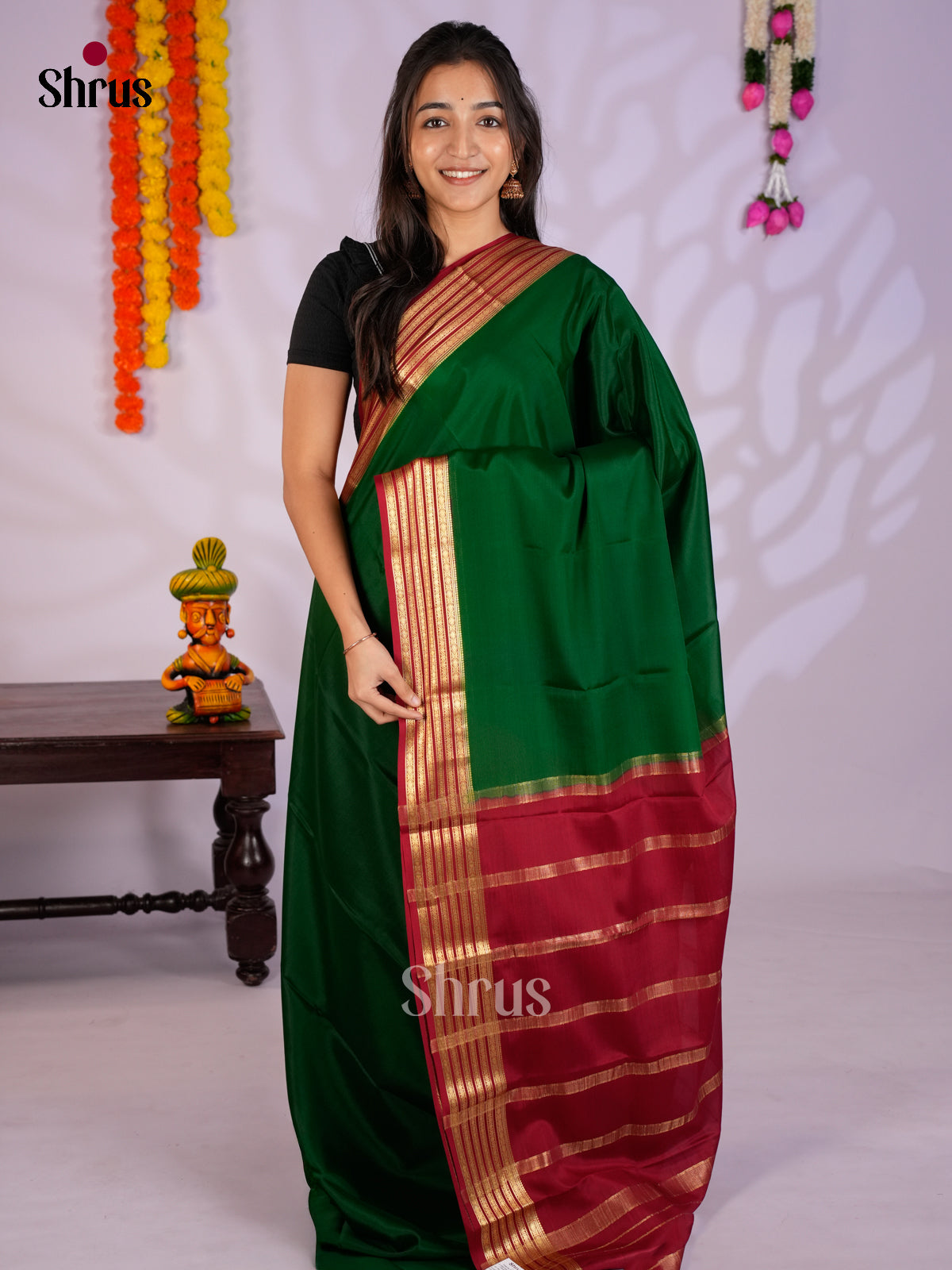 Classy Bottle Green & Maroon Mysore Silk Saree with zari striped border- EAS09234