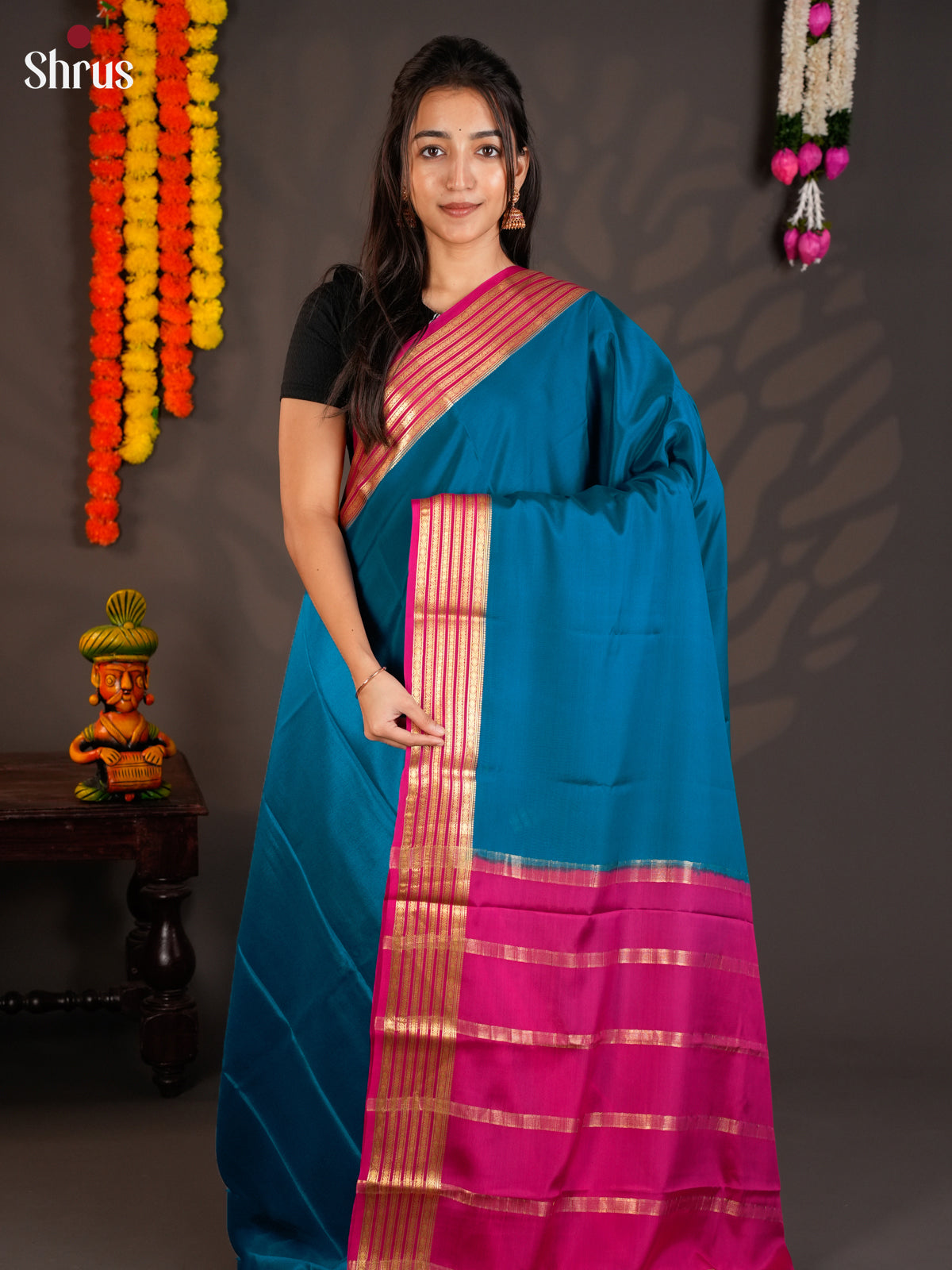 Charming Blue & Pink  Mysore Silk Saree with zari striped border -EAS09237