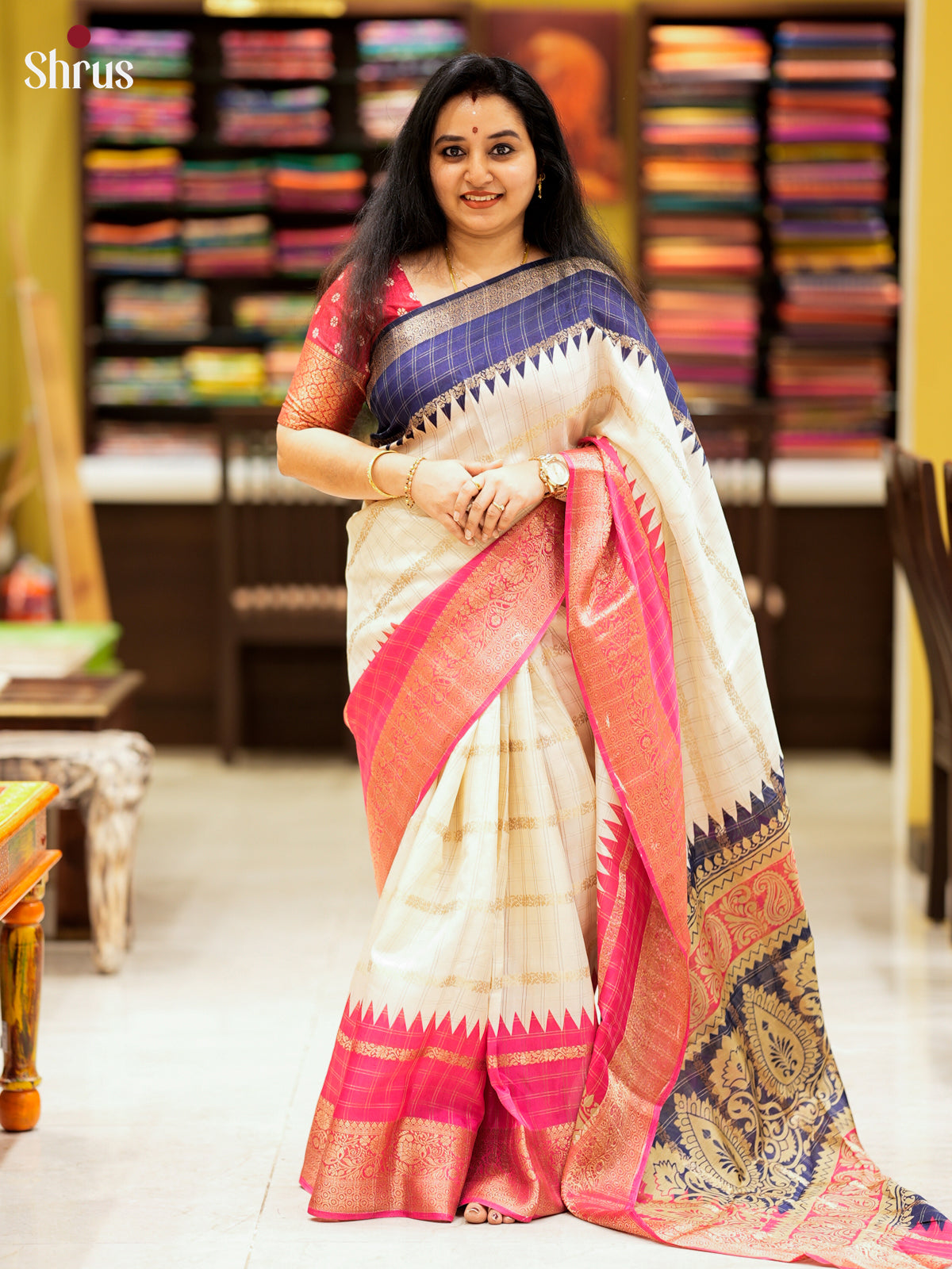 Cream & Pink - Semi Crepe Saree -EAS10041 - Shop on Shrus.com