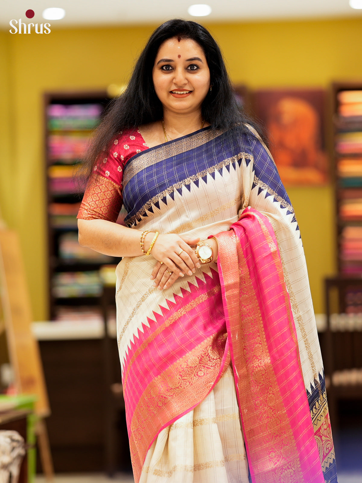 Cream & Pink - Semi Crepe Saree -EAS10041 - Shop on Shrus.com