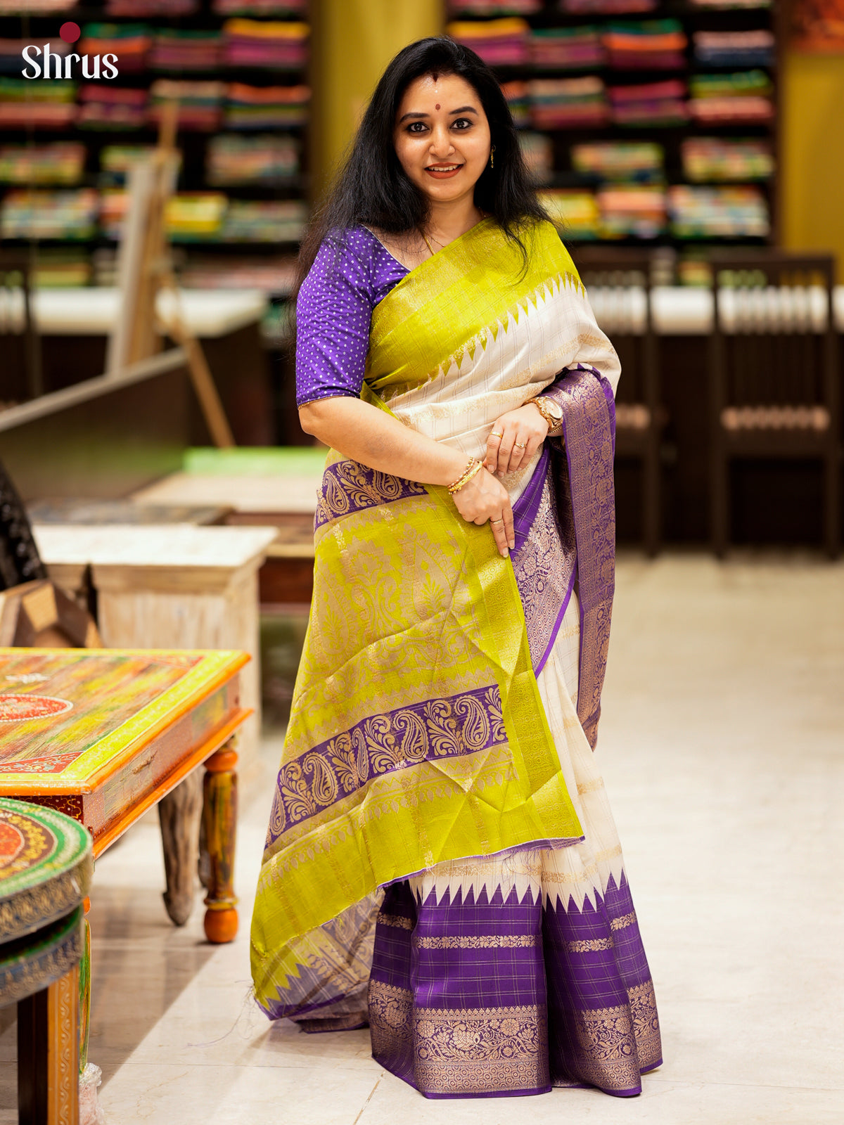 Cream & Violet- Semi Crepe Saree -EAS10042 - Shop on Shrus.com