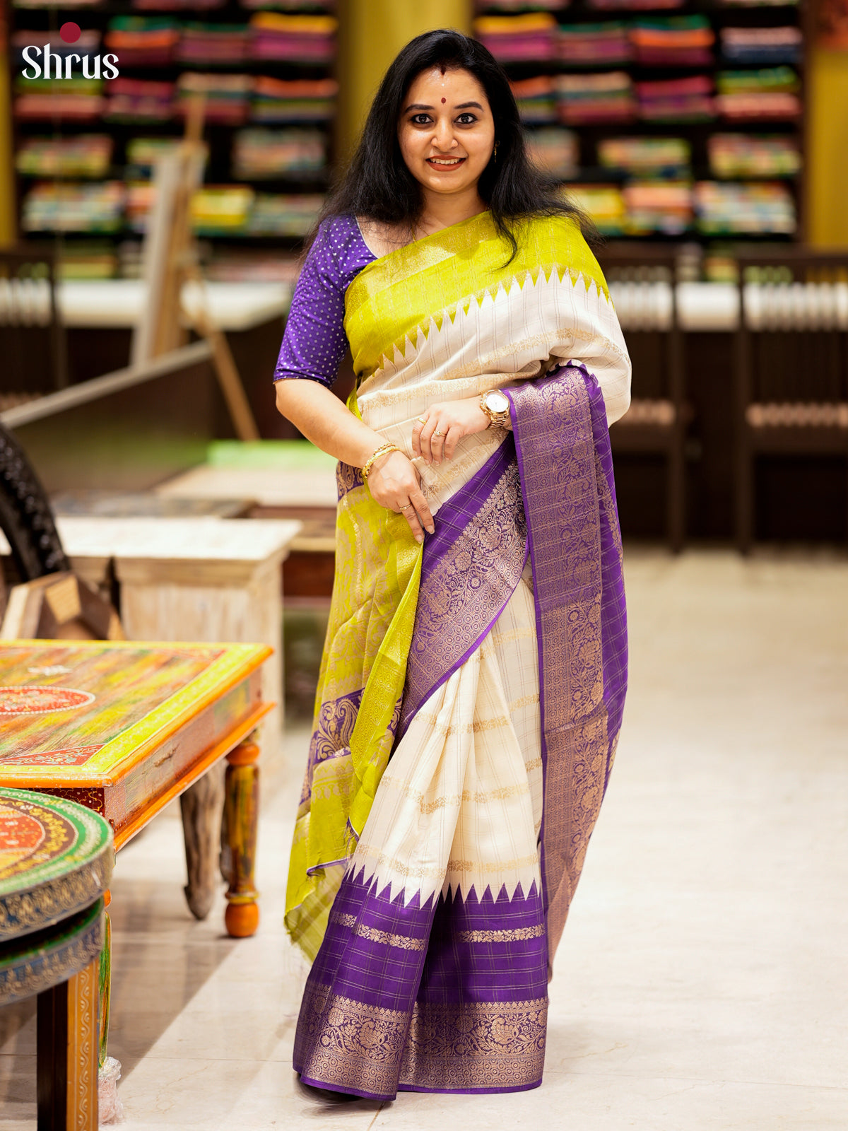 Cream & Violet- Semi Crepe Saree -EAS10042 - Shop on Shrus.com