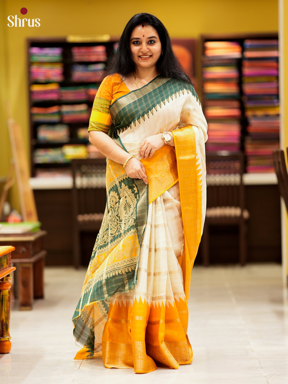 Cream & Mustard- Semi Crepe Saree -EAS10043 - Shop on Shrus.com