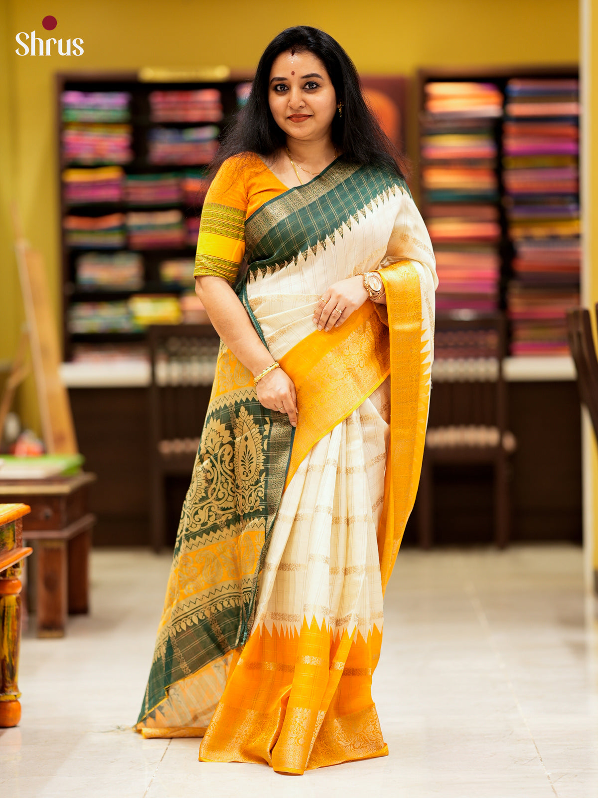 Cream & Mustard- Semi Crepe Saree -EAS10043 - Shop on Shrus.com