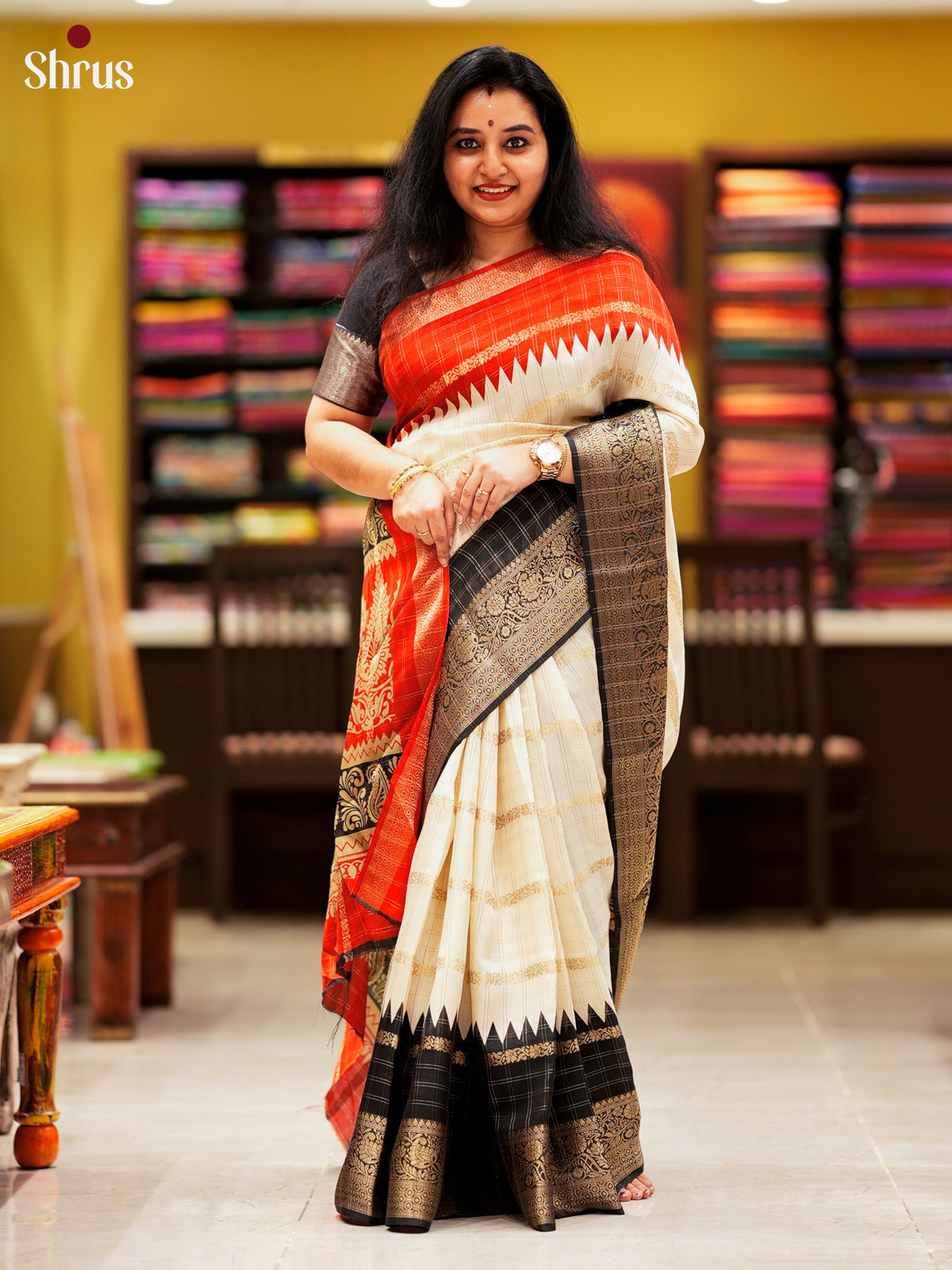 Cream & Black  - Semi Crepe Saree-EAS10045 - Shop on Shrus.com