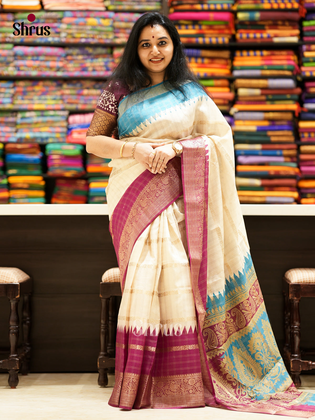 Cream & Purple -EAS10046 - Semi Crepe Saree - Shop on Shrus.com