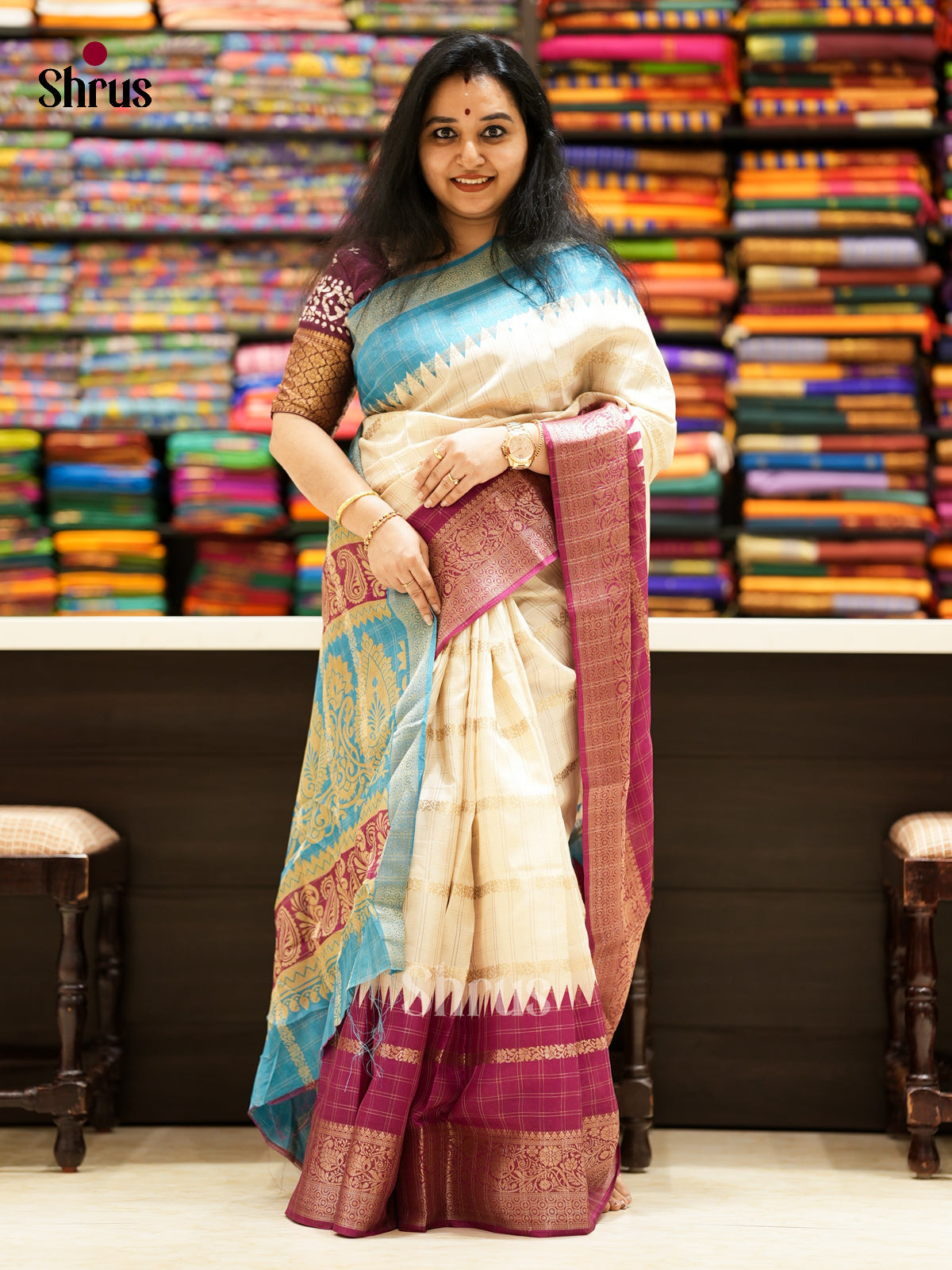 Cream & Purple -EAS10046 - Semi Crepe Saree - Shop on Shrus.com
