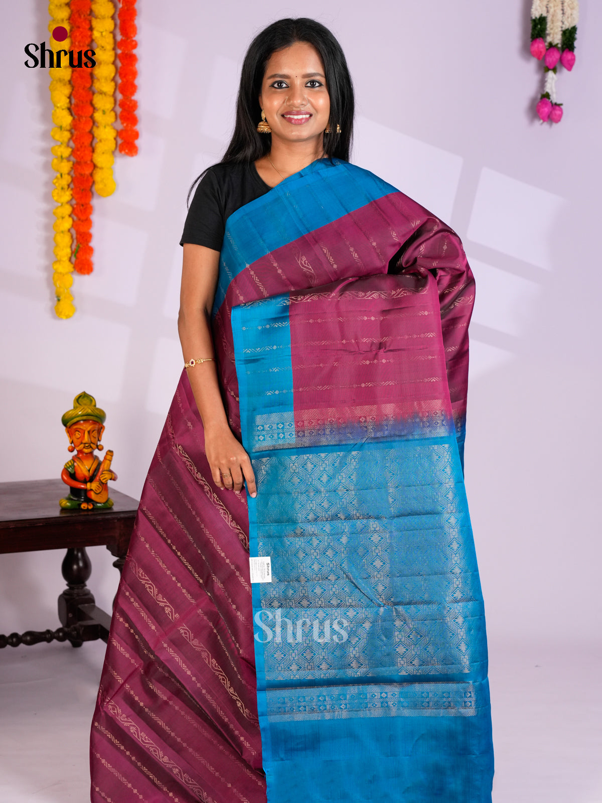 Wine  & Blue- Softsilk-halfpure Saree - EAS10199 - Shop on Shrus.com