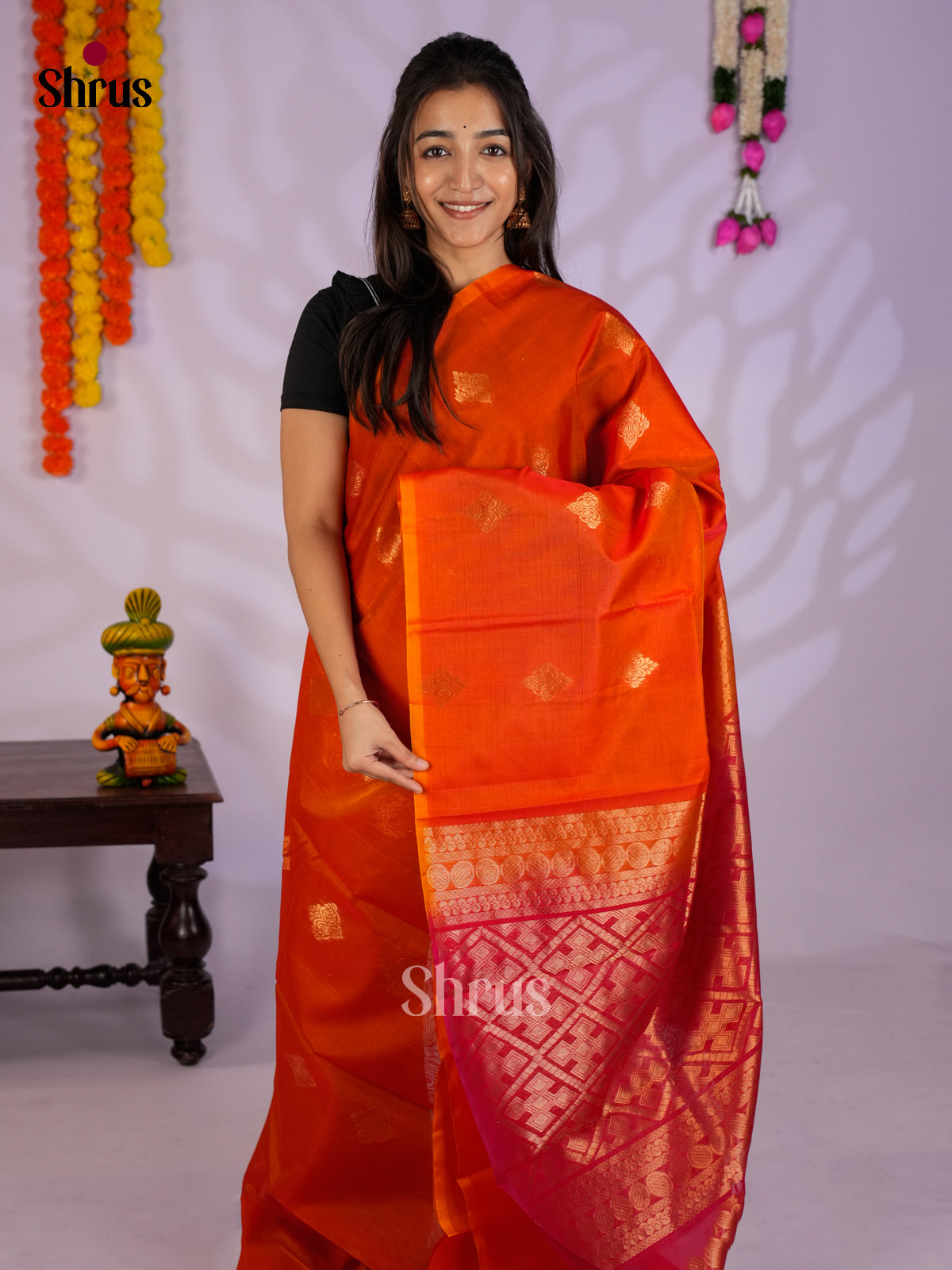 Orange & Red  - Timeless Silk Cotton Saree- EAS12005