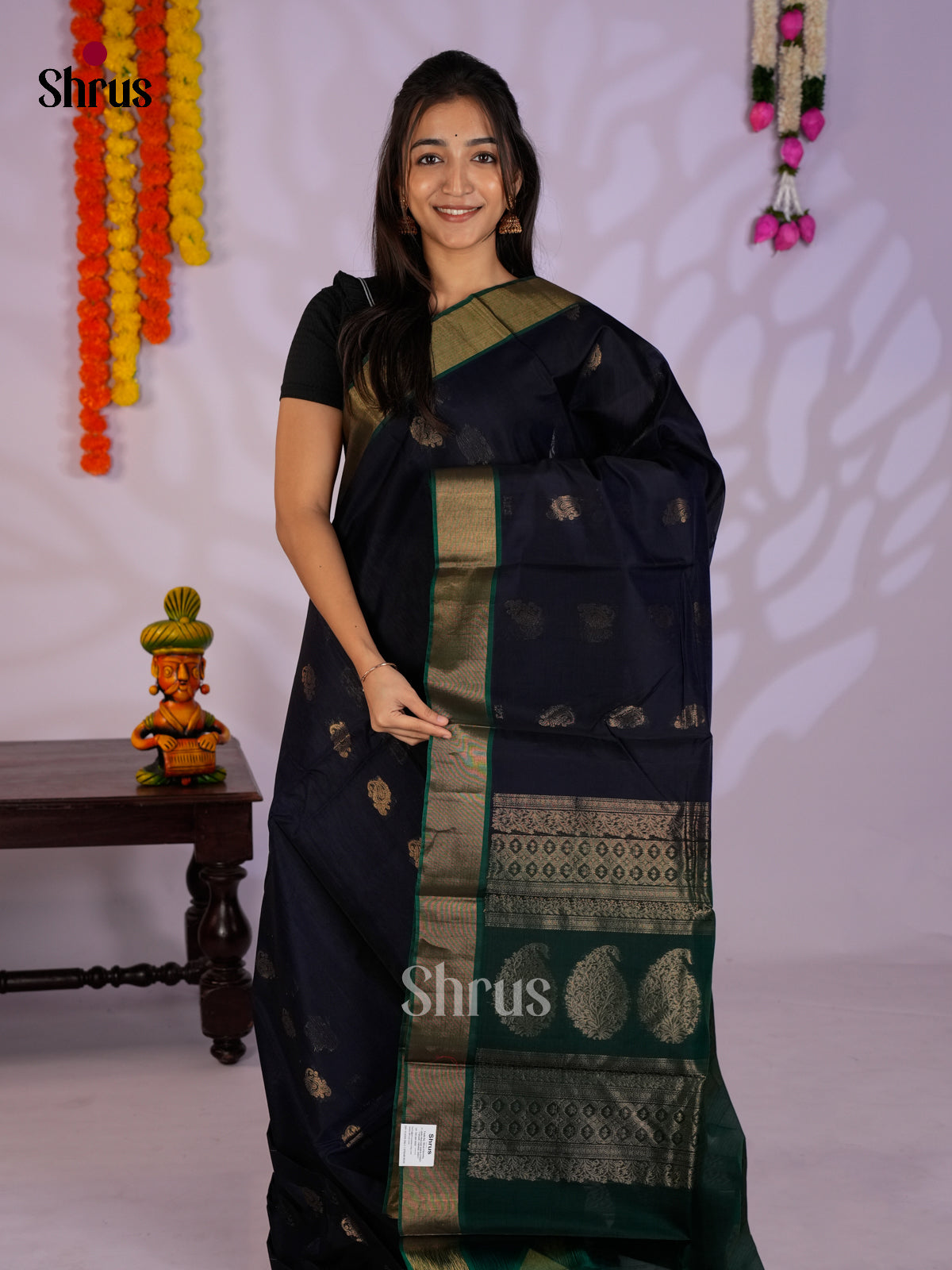 Dark Blue & Green  - Timeless Silk Cotton Saree- EAS12006
