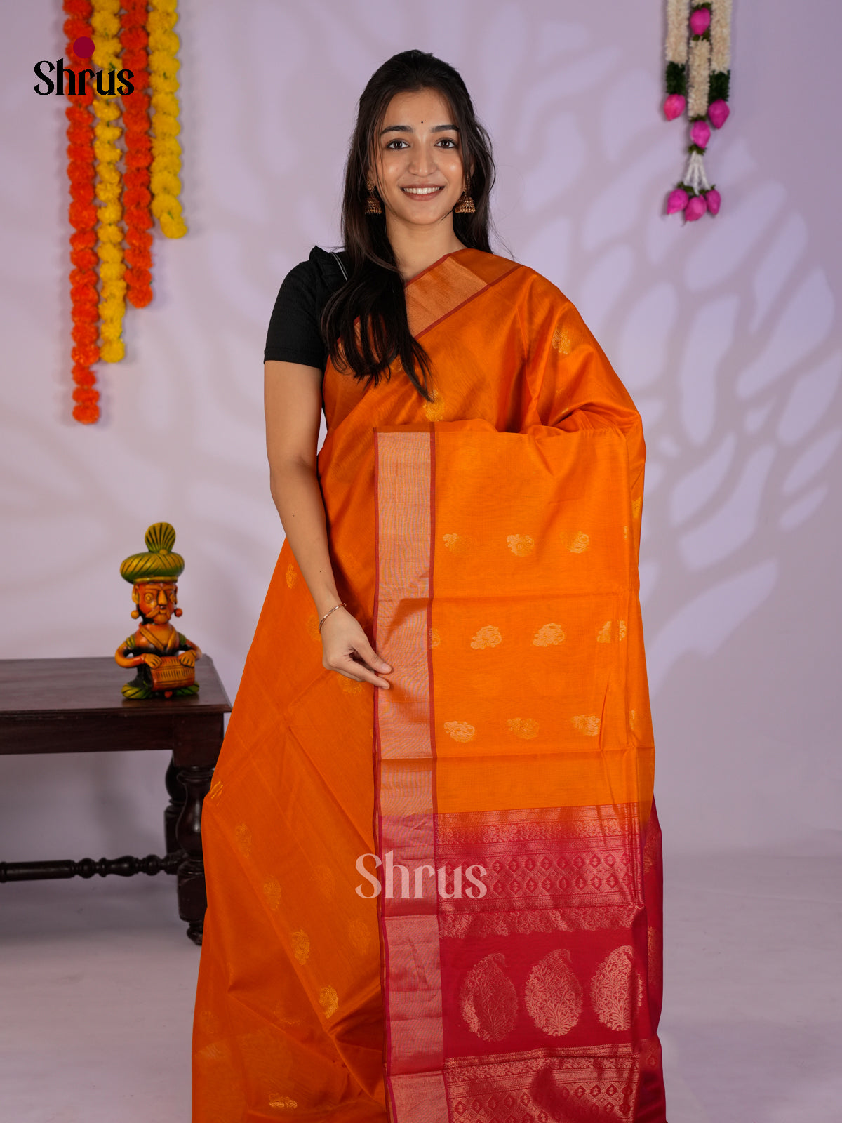 Orange & Red - Timeless Silk Cotton Saree- EAS12008 - Shop on Shrus.com