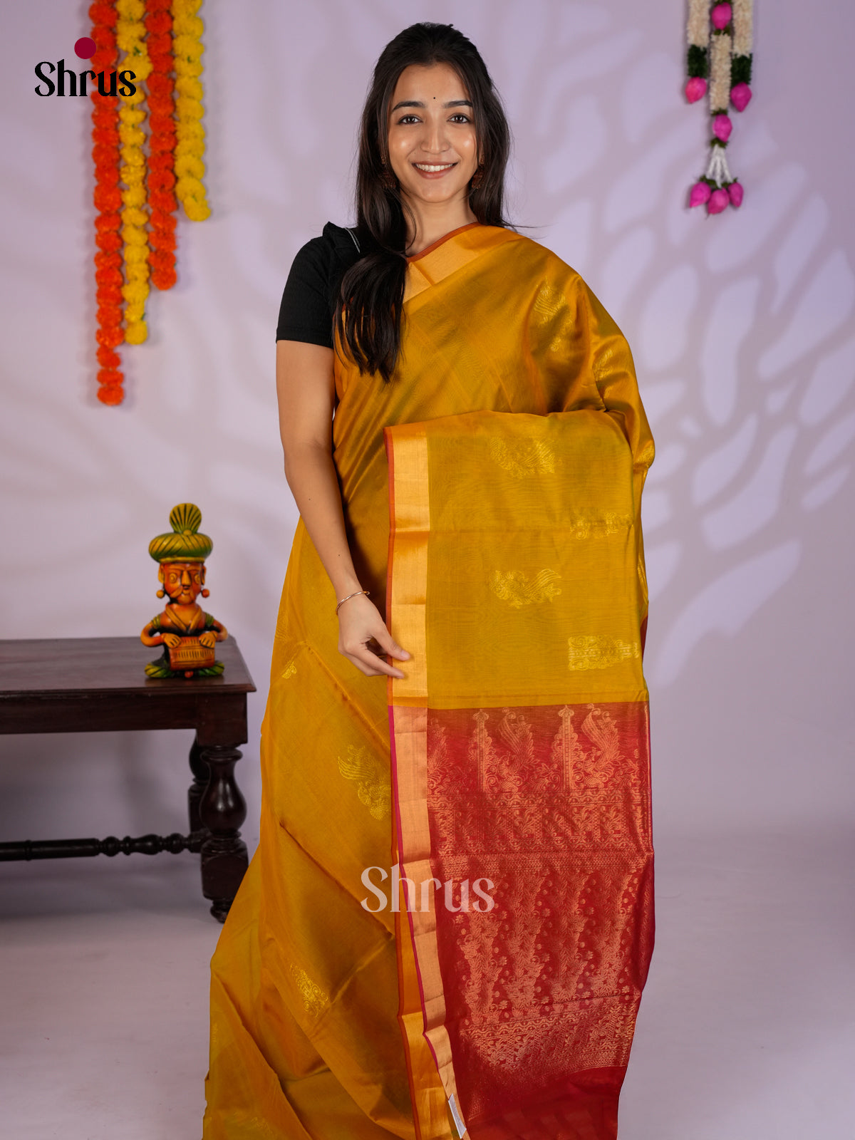 Mustardy Green & Red - Timeless Silk Cotton Saree-EAS12016