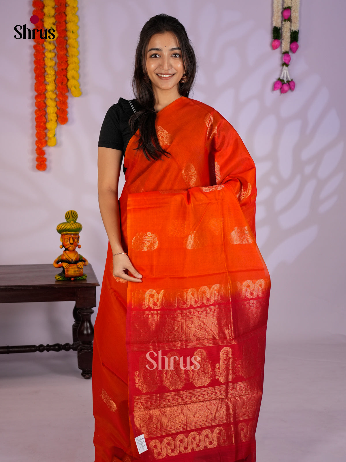 Orange & Red - Timeless Silk Cotton Saree-EAS12026 - Shop on Shrus.com