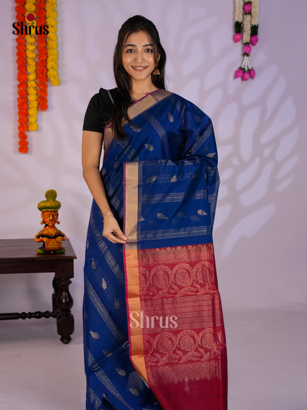 Blue & Red - Timeless Silk Cotton Saree -EAS12033