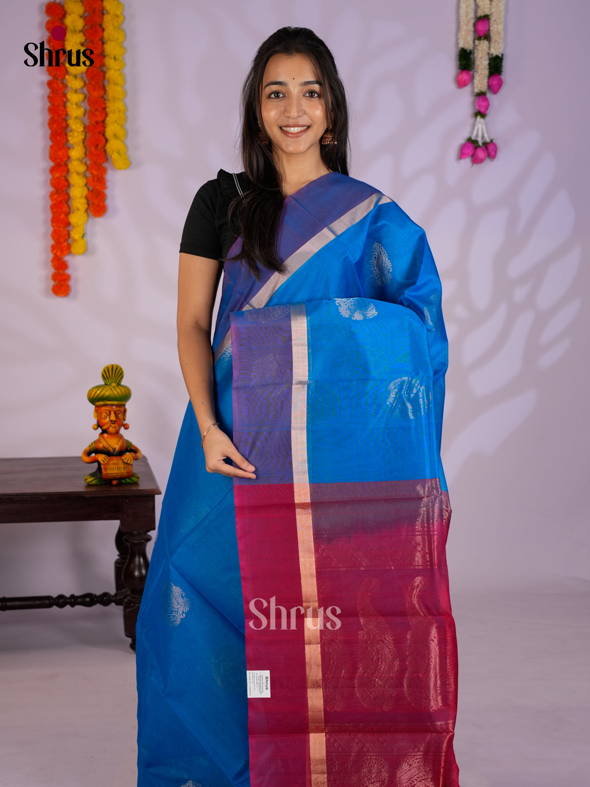 Blue & Red  - Timeless Silk Cotton Saree - EAS12042