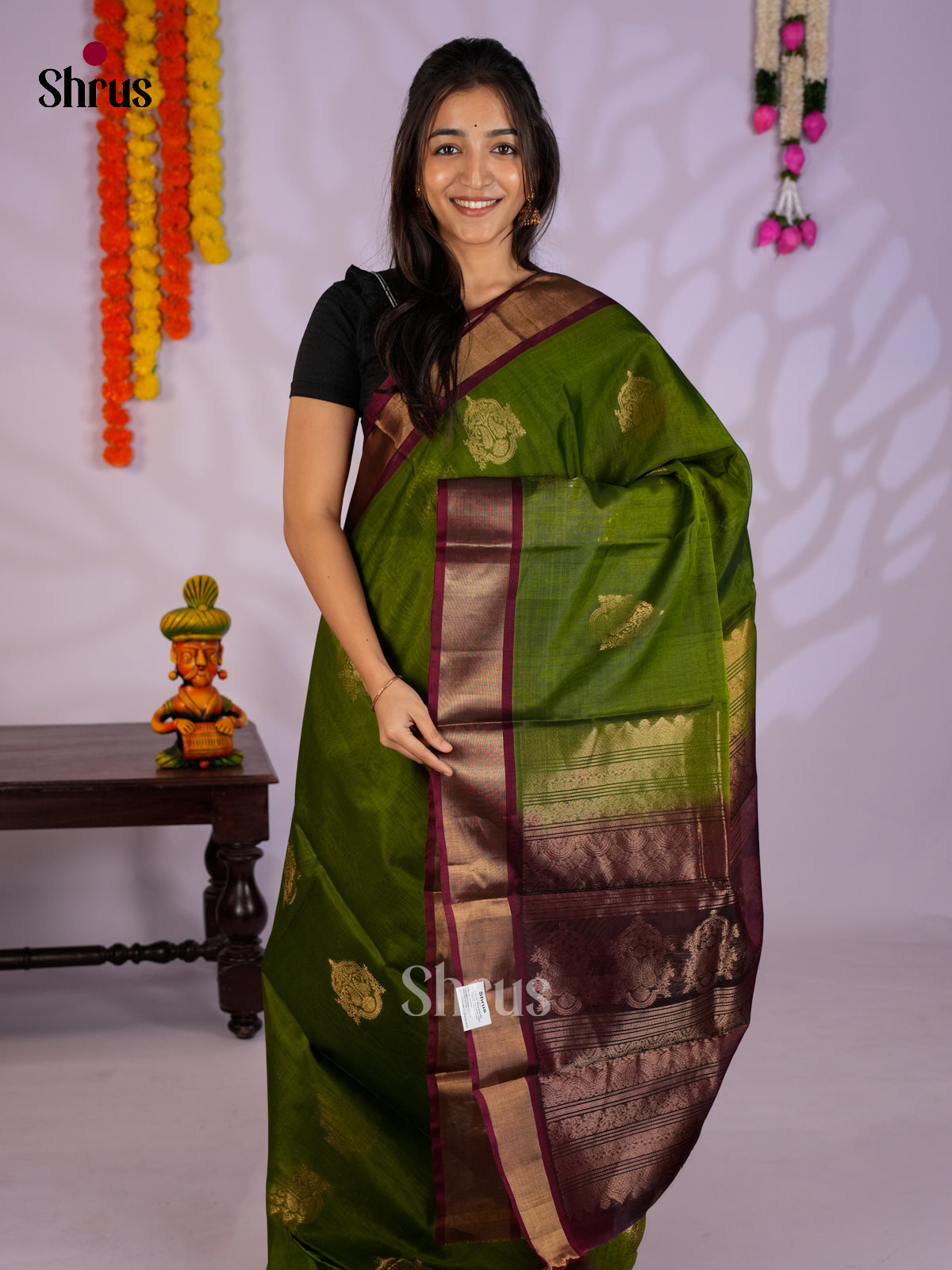 Green & Maroon - Timeless Silk Cotton Saree - EAS12044