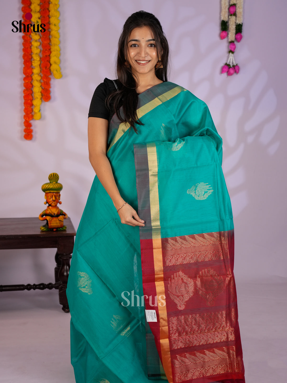 Teal & Red - Timeless Silk Cotton Saree-EAS12047