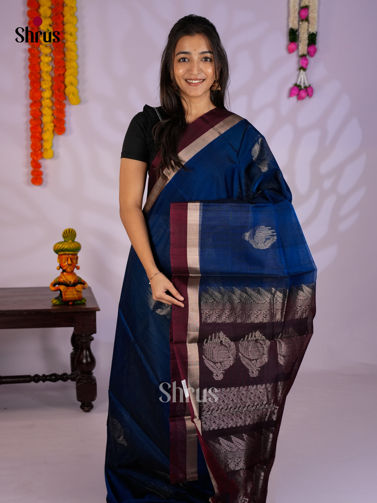 Blue & Maroon  - Timeless Silk Cotton Saree- EAS12049 - Shop on Shrus.com