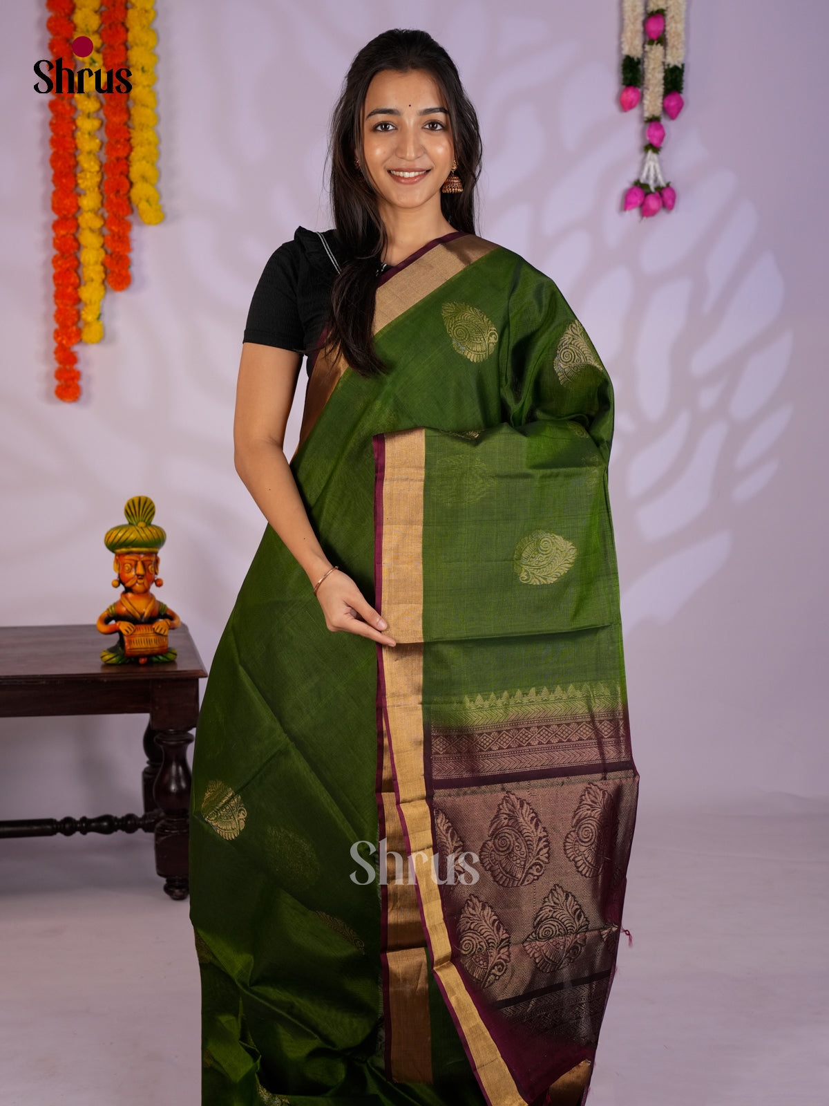 Green & Maroon- Timeless Silk Cotton Saree- EAS12058
