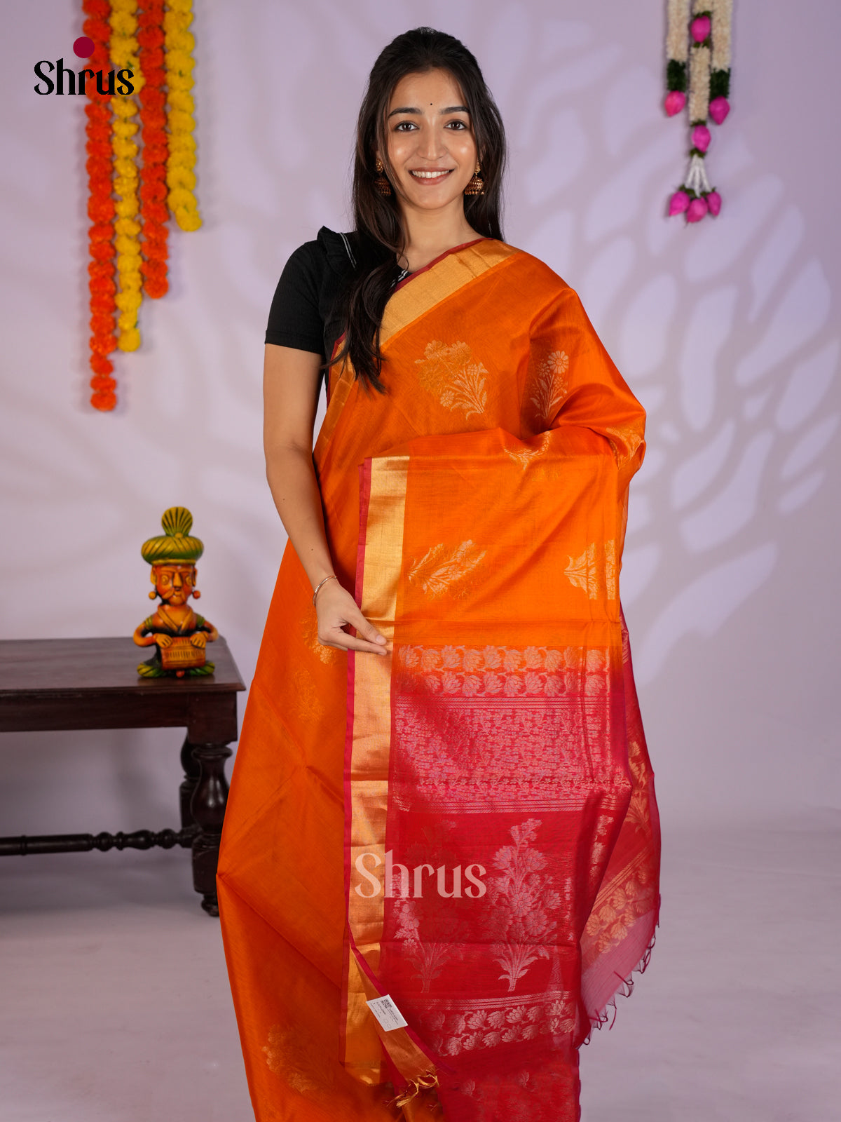 Orange & Red  - Timeless Silk Cotton Saree- EAS12060