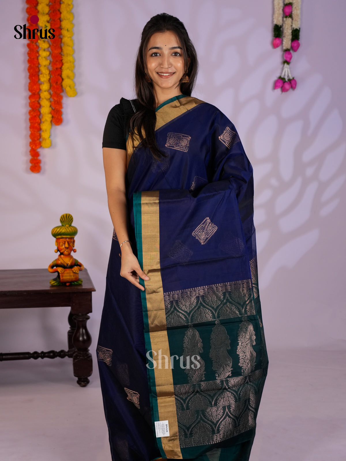 Blue & Green   - Timeless Silk Cotton Saree- EAS12062