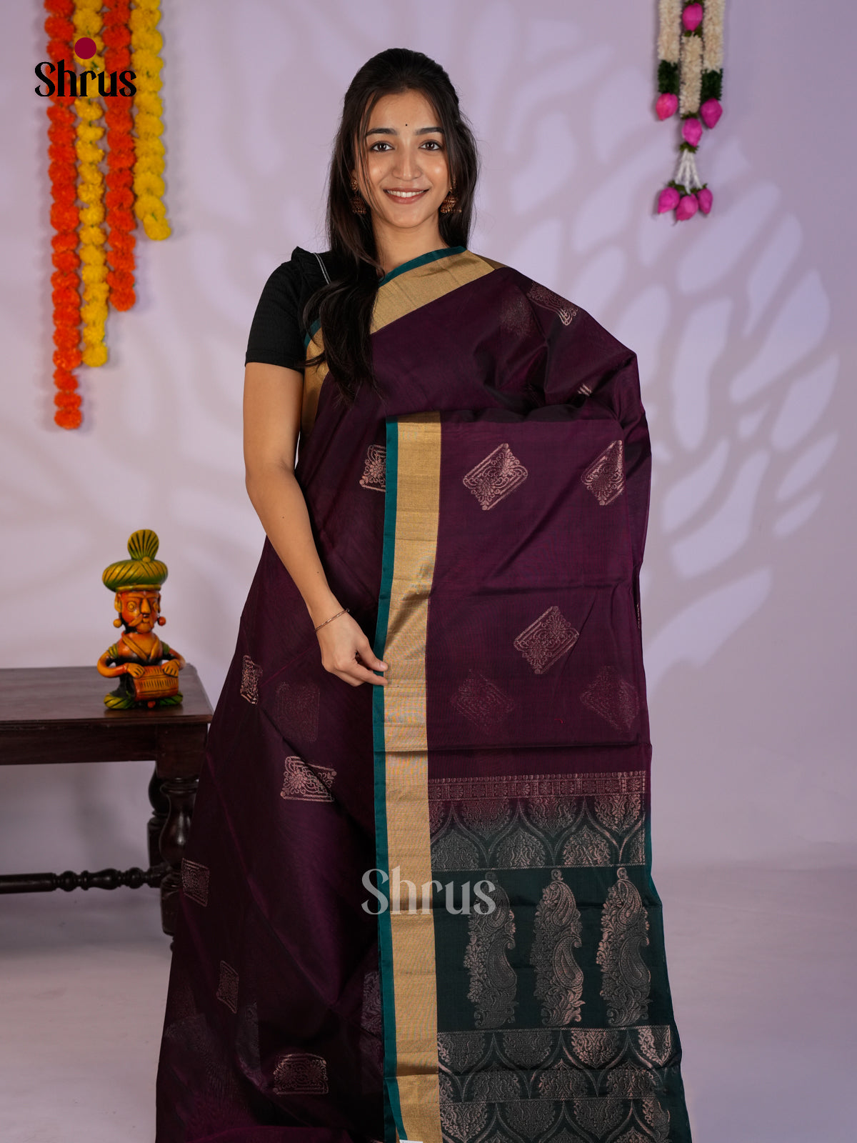 Wine & Peacock Green  - Timeless Silk Cotton Saree- EAS12067