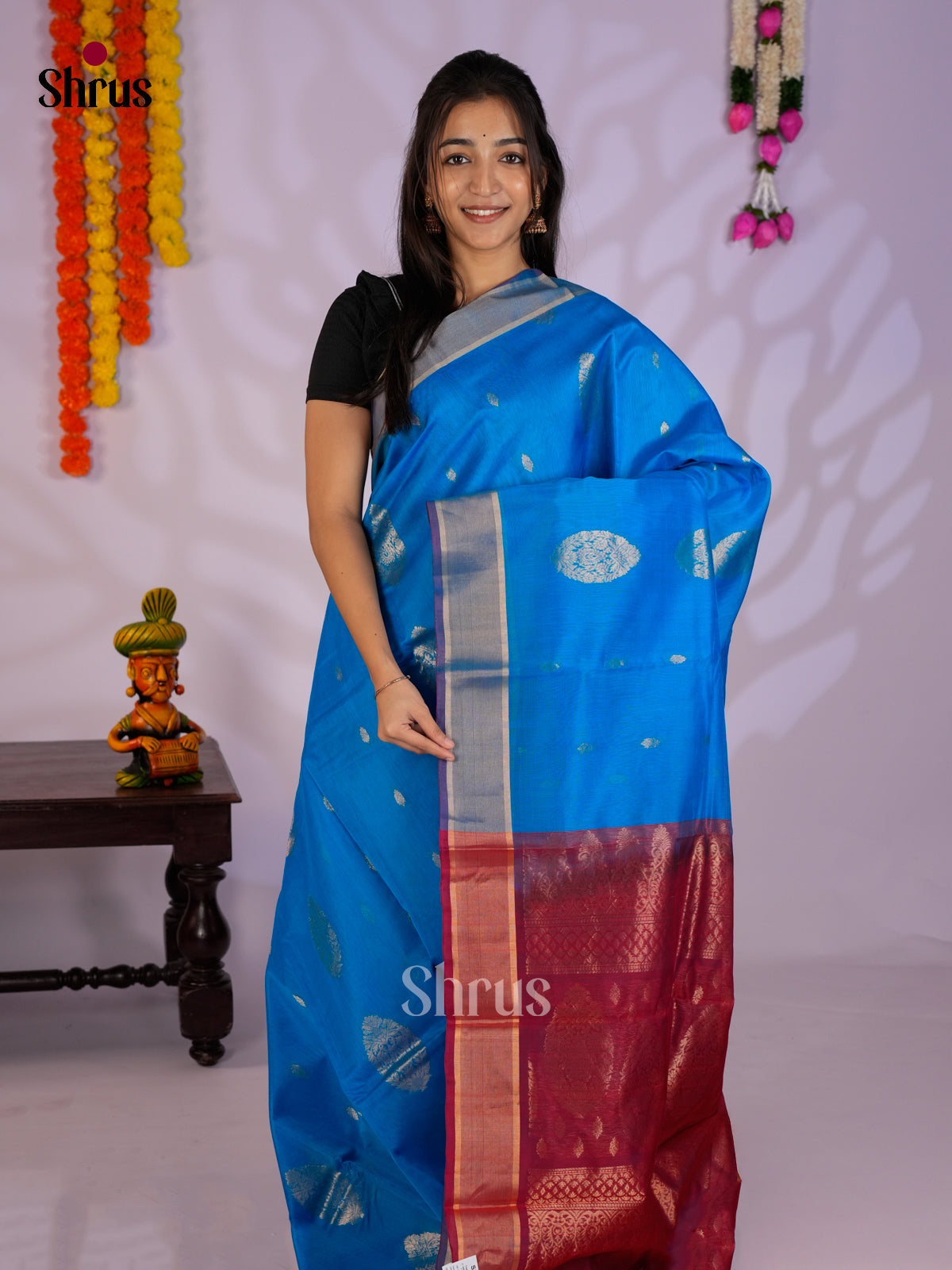 Blue & Red - Timeless Silk Cotton Saree- EAS12070
