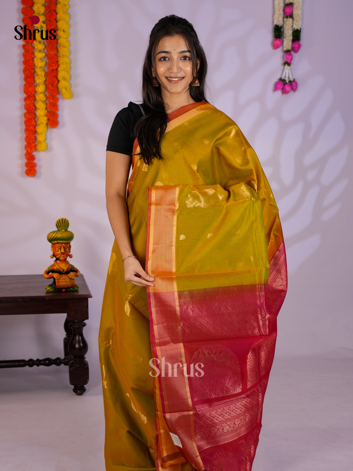 Mustardy Green & Red  - Timeless Silk Cotton Saree- EAS12074