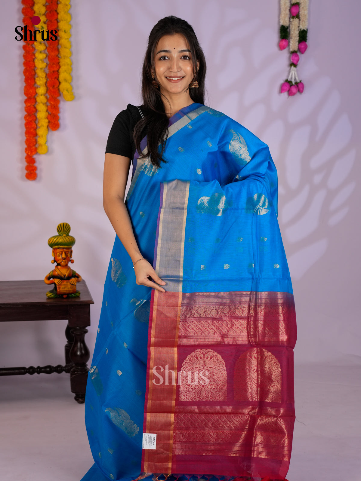 Blue & Maroon - Timeless Silk Cotton Saree-EAS12078