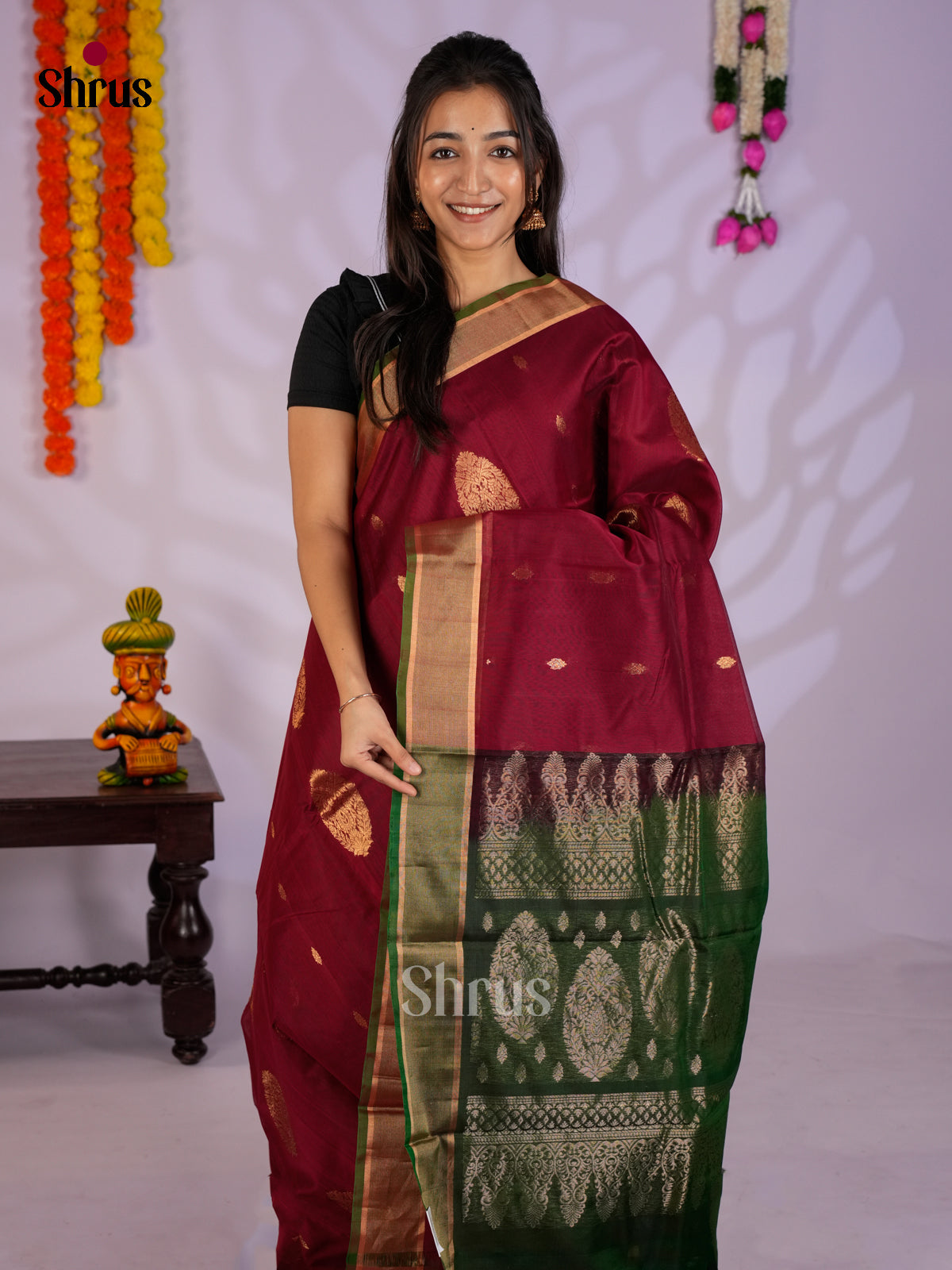 Maroon & Green - Timeless Silk Cotton Saree -EAS12079
