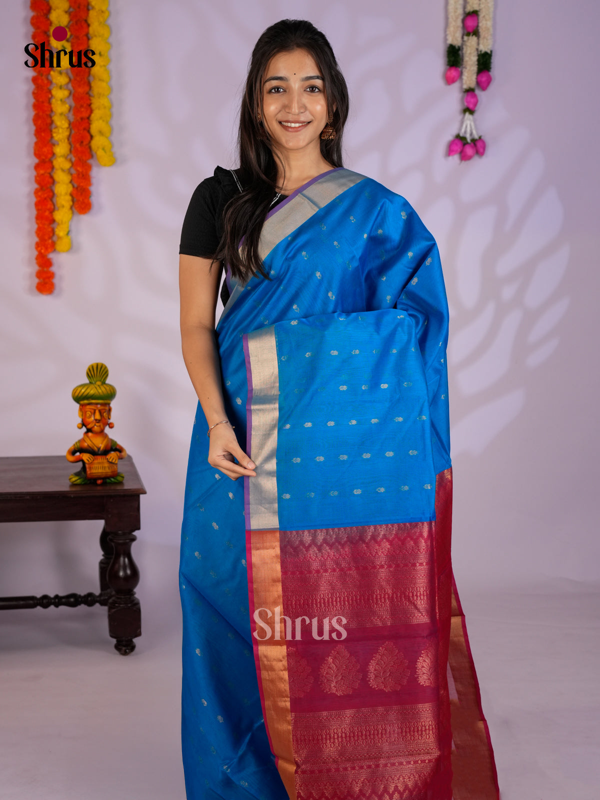 Blue & Red  - Timeless Silk Cotton Saree- EAS12082