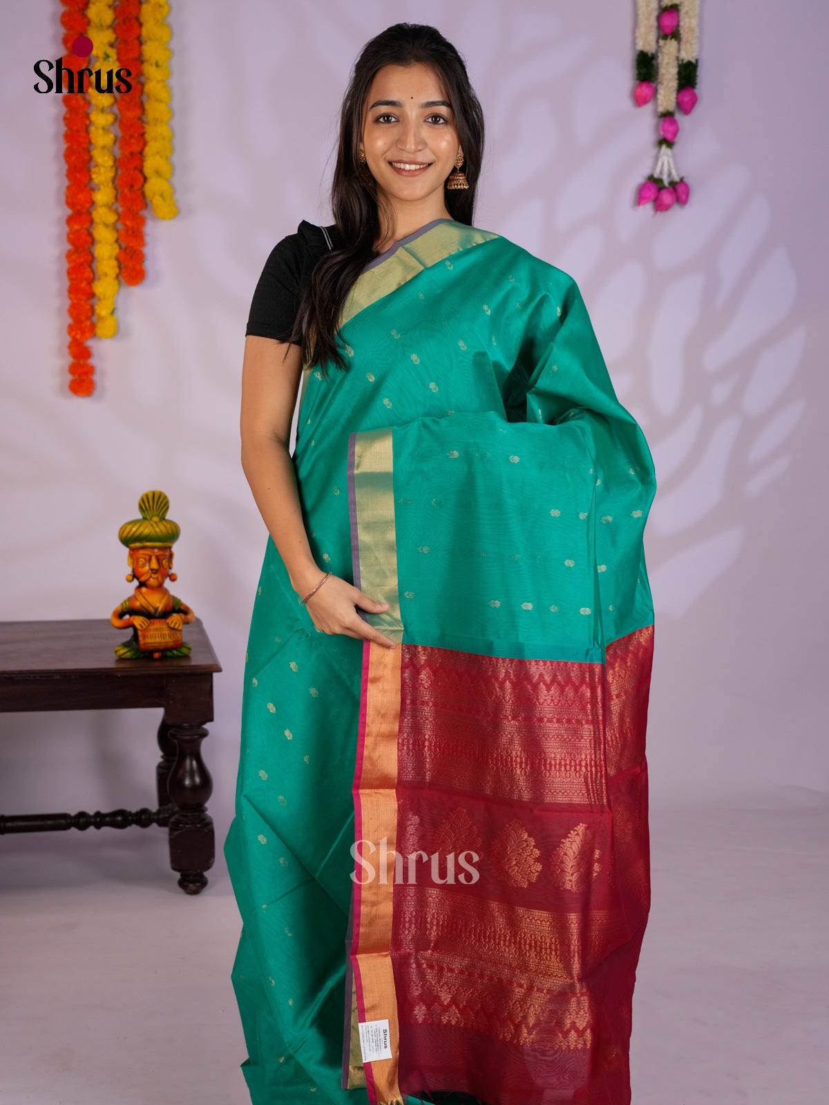 Teal & Red  - Timeless Silk Cotton Saree- EAS12083