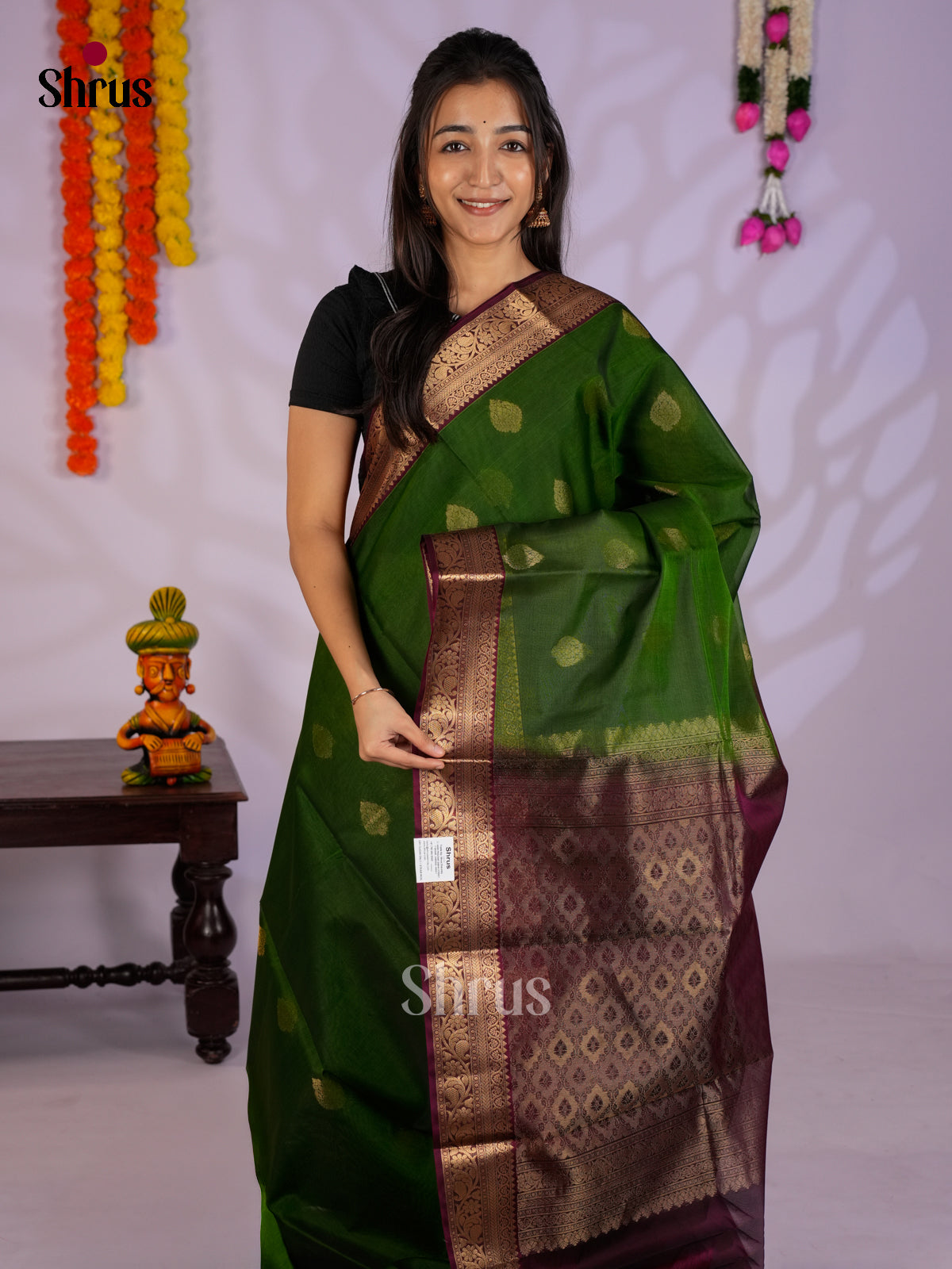 Green & Maroon  - Timeless Silk Cotton Saree- EAS12092