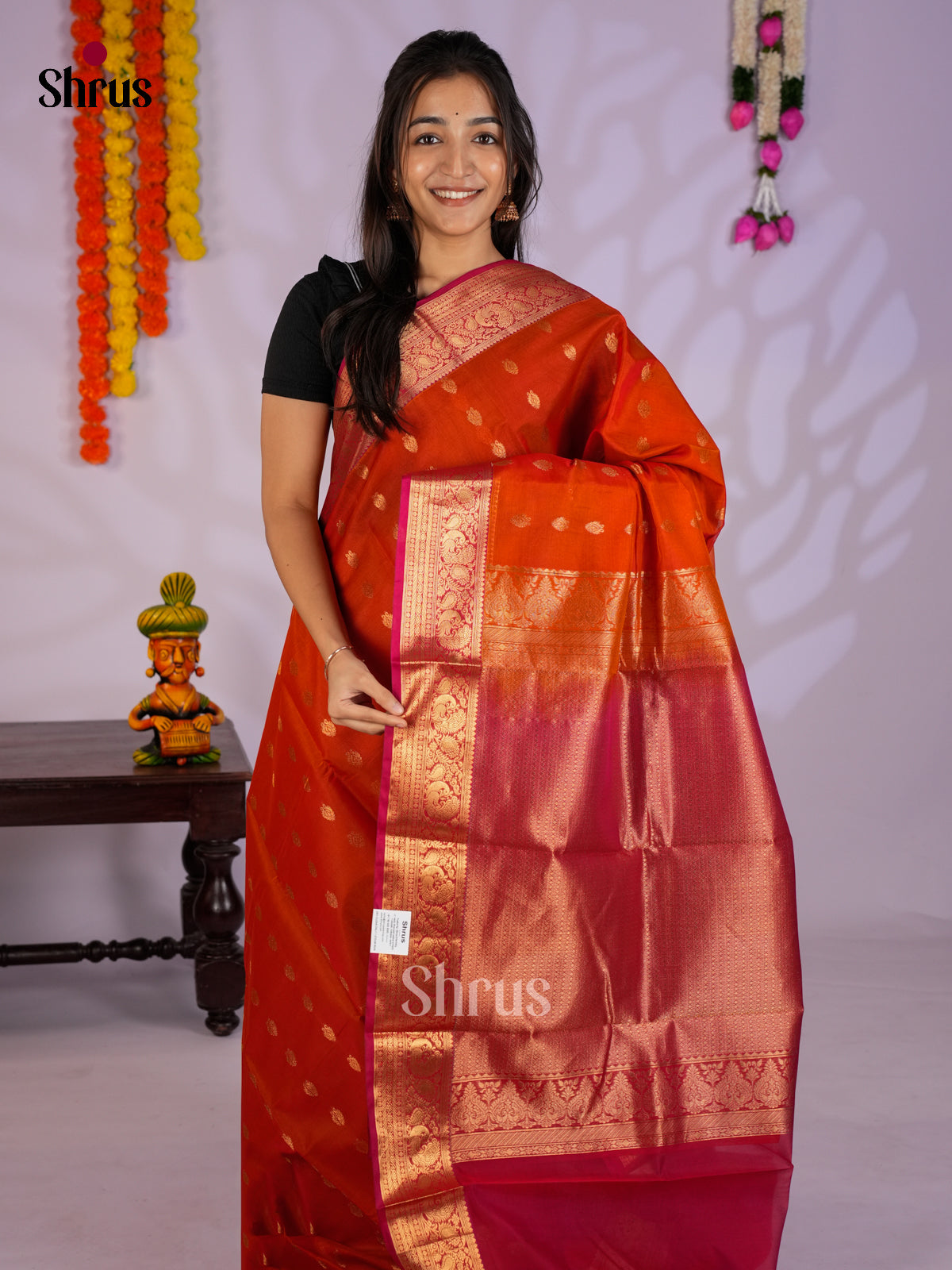 Orange & Red  - Timeless Silk Cotton Saree- EAS12100