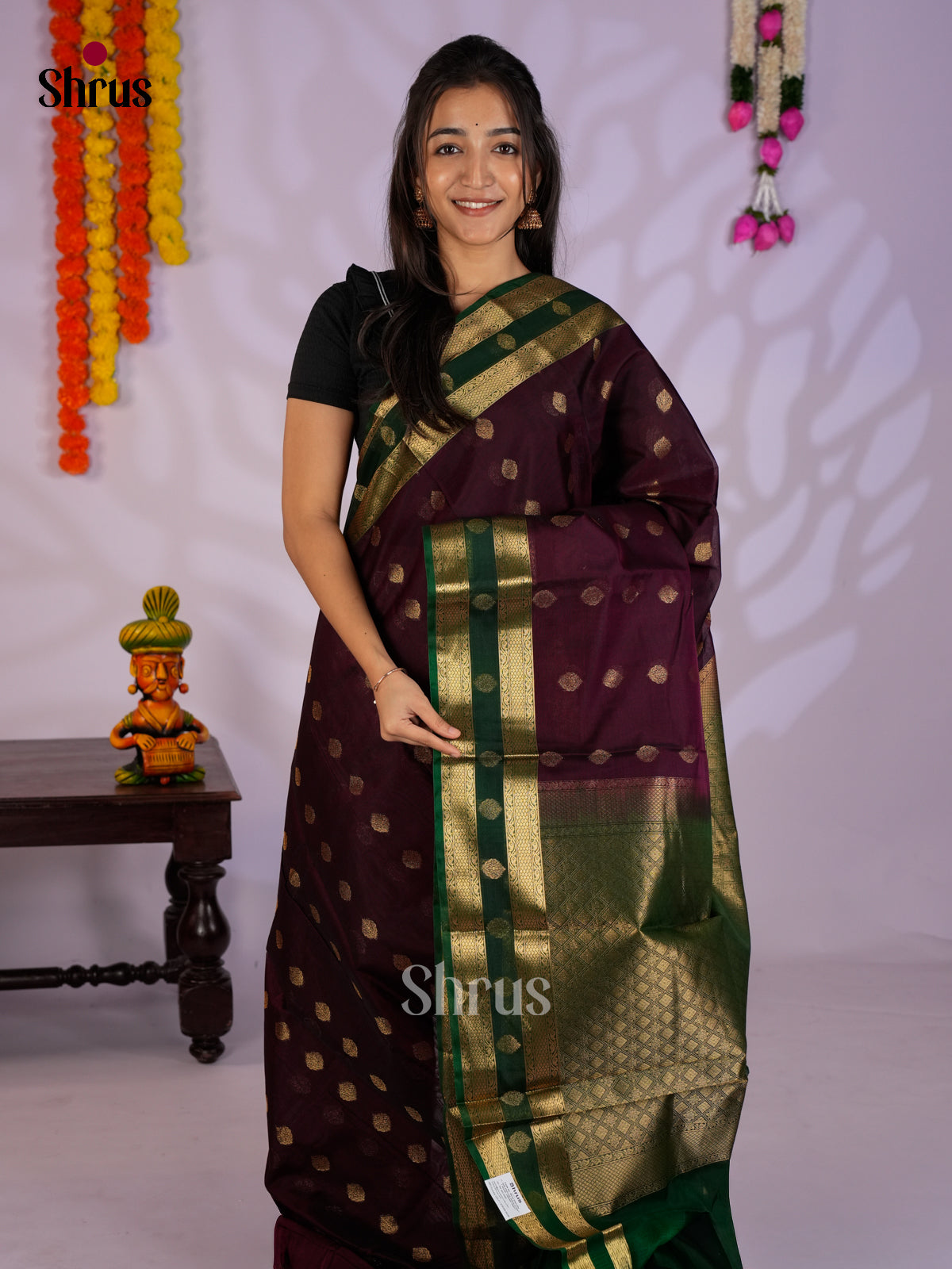 Wine & Green - EAS12115 - Timeless Silk Cotton Saree - Shop on Shrus.com