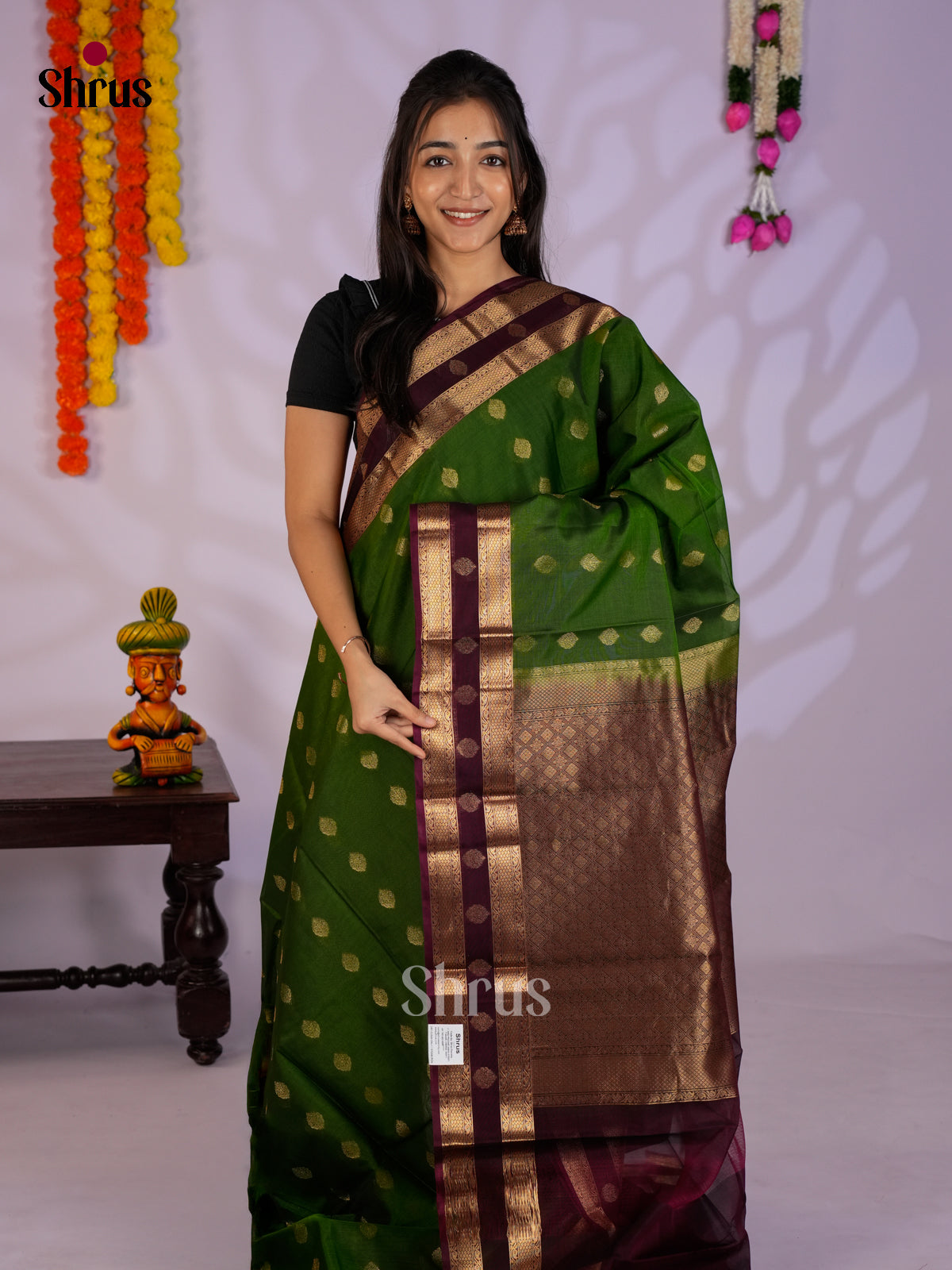 Green & Maroon - Timeless Silk Cotton Saree- EAS12116