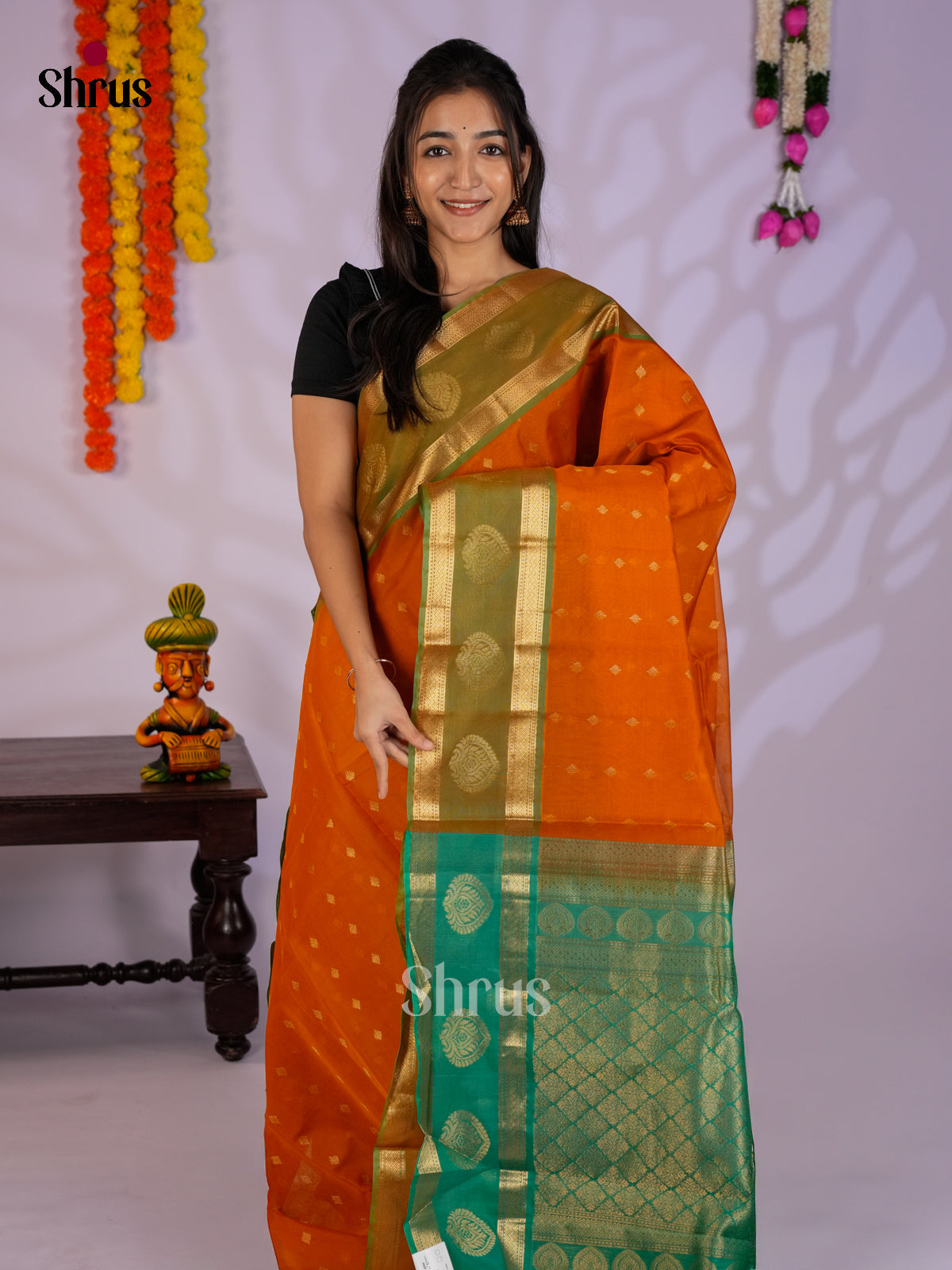 Orange & Green- Timeless Silk Cotton Saree - EAS12122