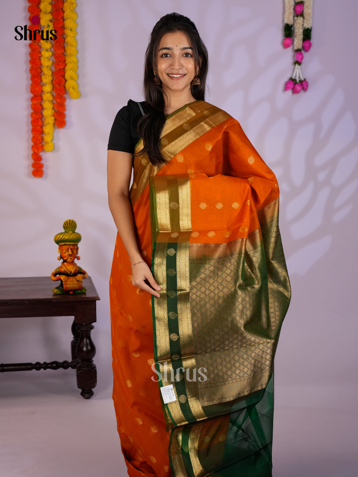 Orange & Green - Timeless Silk Cotton Saree- EAS12127