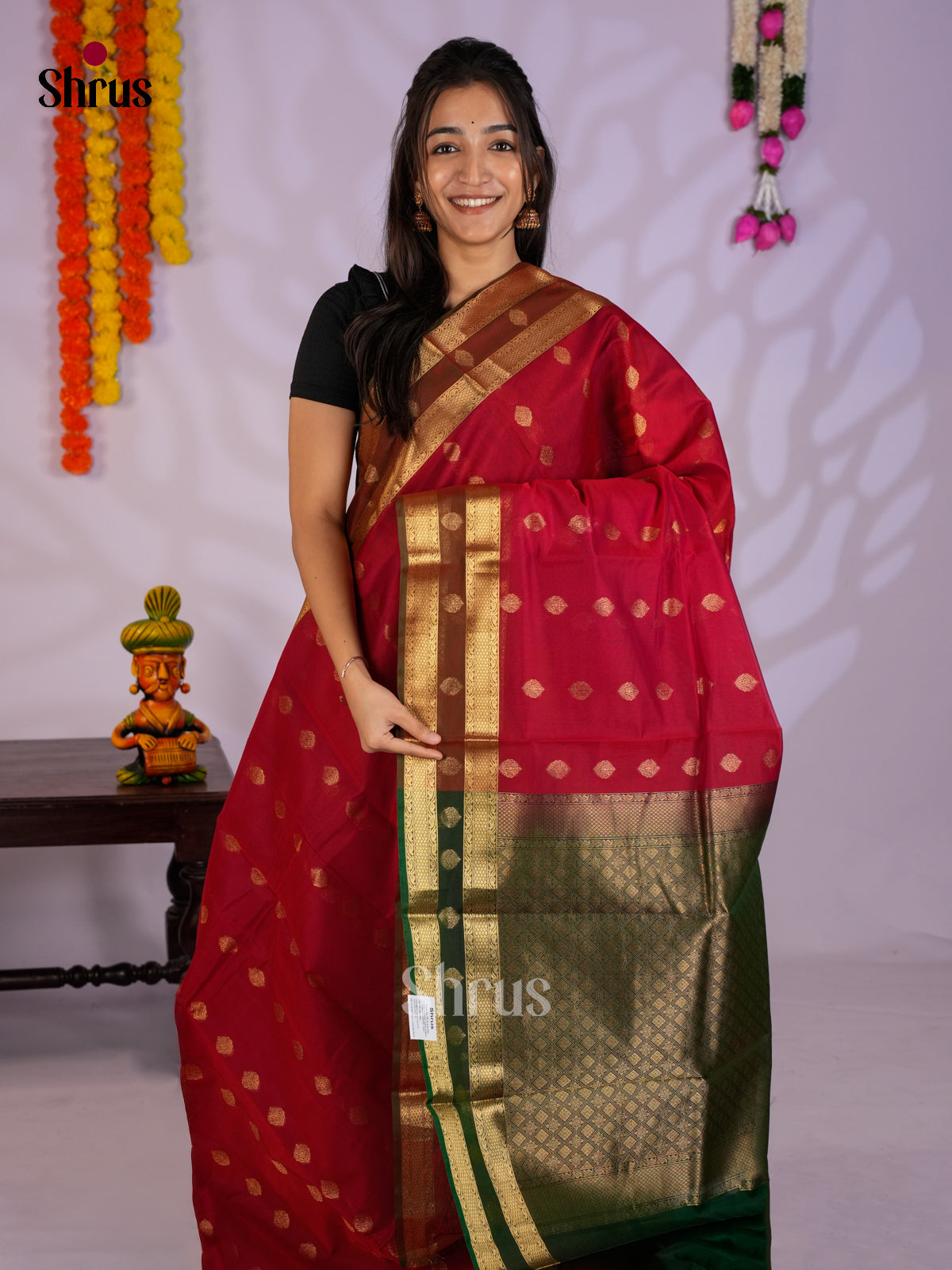 Red & Green - Timeless Silk Cotton Saree- EAS12131
