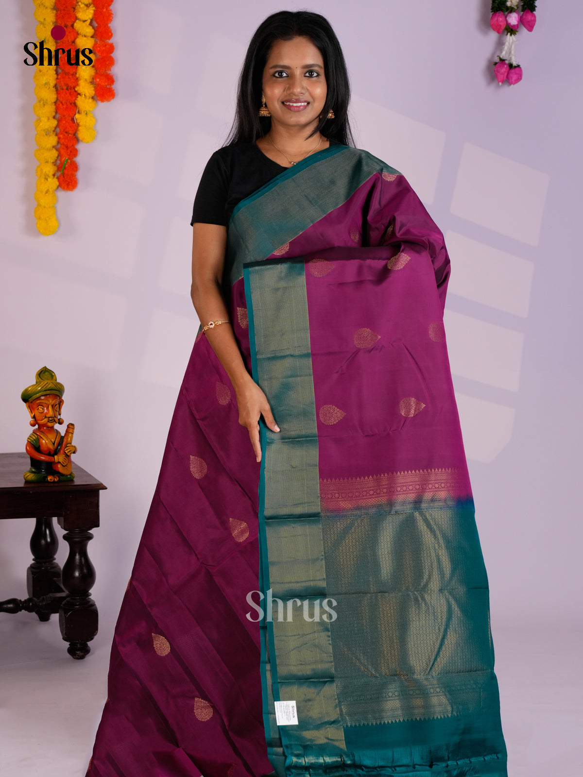 Purple & Blue - Kanchipuram-halfpure Saree- EAS12318 - Shop on Shrus.com