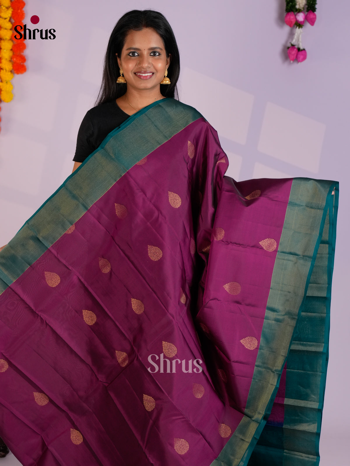 Purple & Blue - Kanchipuram-halfpure Saree- EAS12318 - Shop on Shrus.com