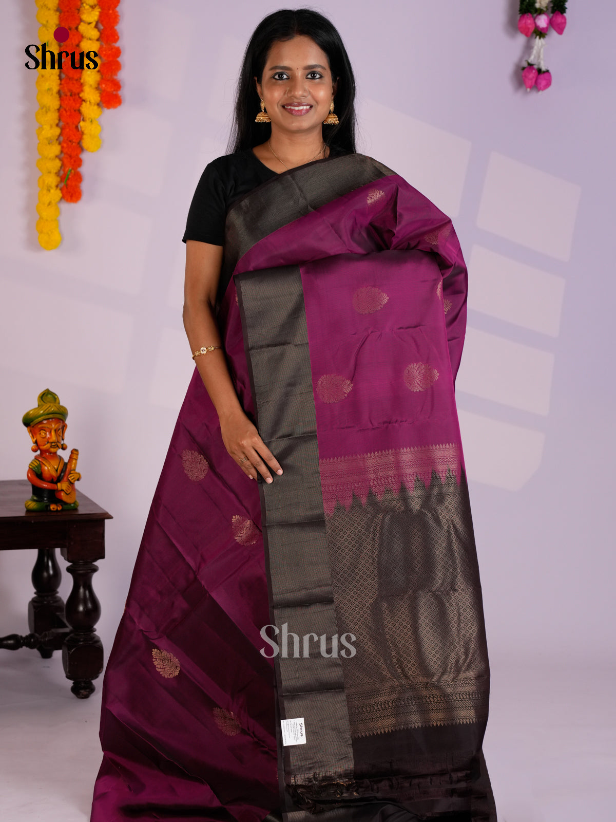 Purple & Brown  - Kanchipuram-halfpure Saree-EAS12319 - Shop on Shrus.com