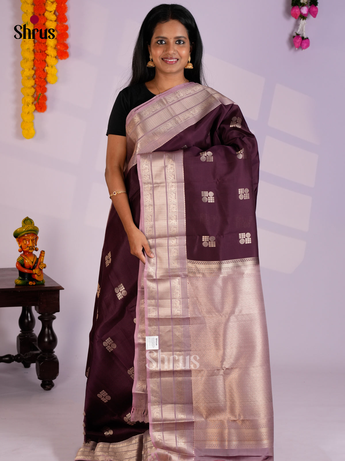 Wine & Mauve  - Kanchipuram-halfpure Saree-EAS12332 - Shop on Shrus.com