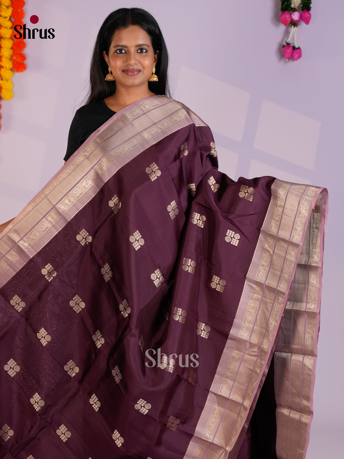 Wine & Mauve  - Kanchipuram-halfpure Saree-EAS12332 - Shop on Shrus.com